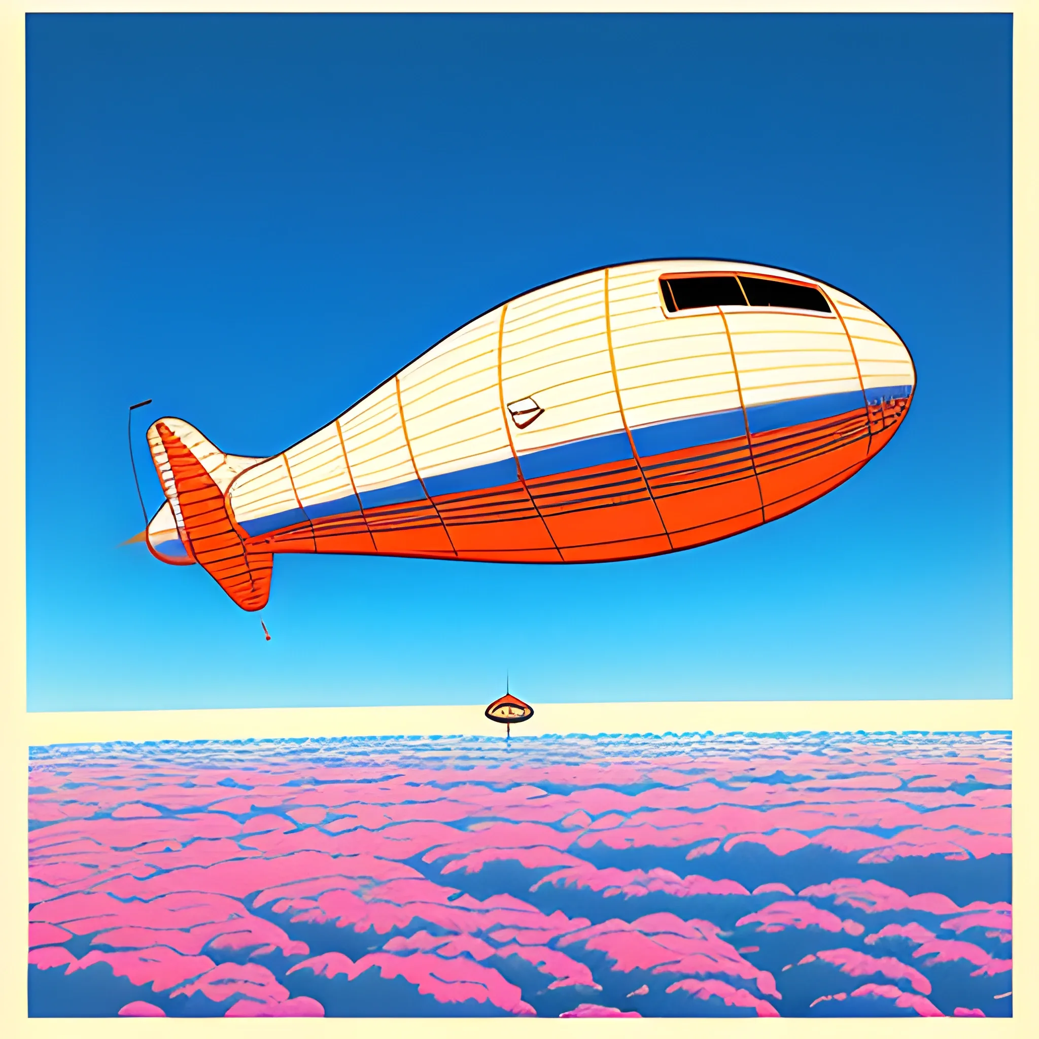 small 1960's blimp with pilot, flying above the clouds, drawn in jean giraud's art style, side view, with room for a pilot