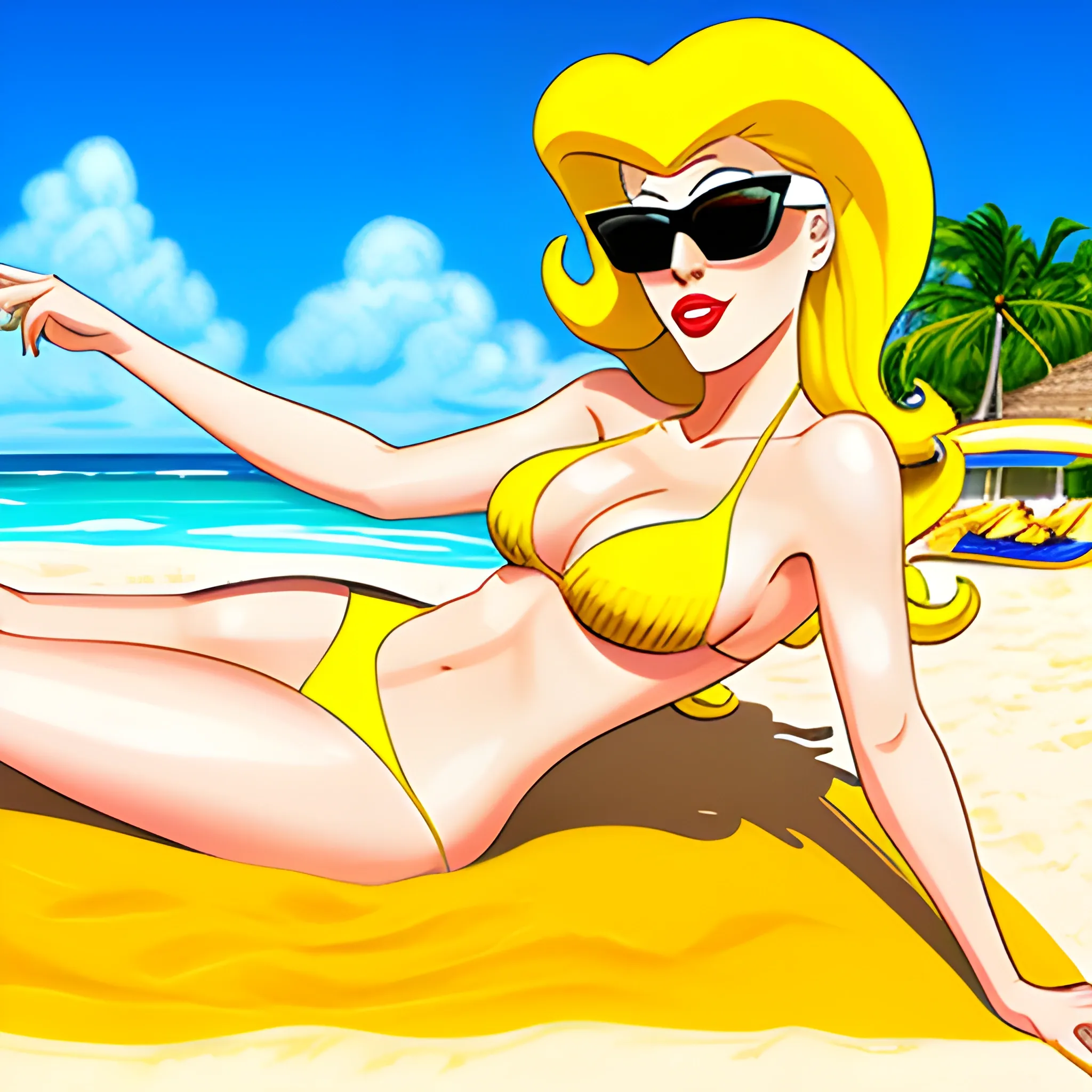 beach, white girl, yellow lipstick, yellow bikini, laying on sand, Cartoon