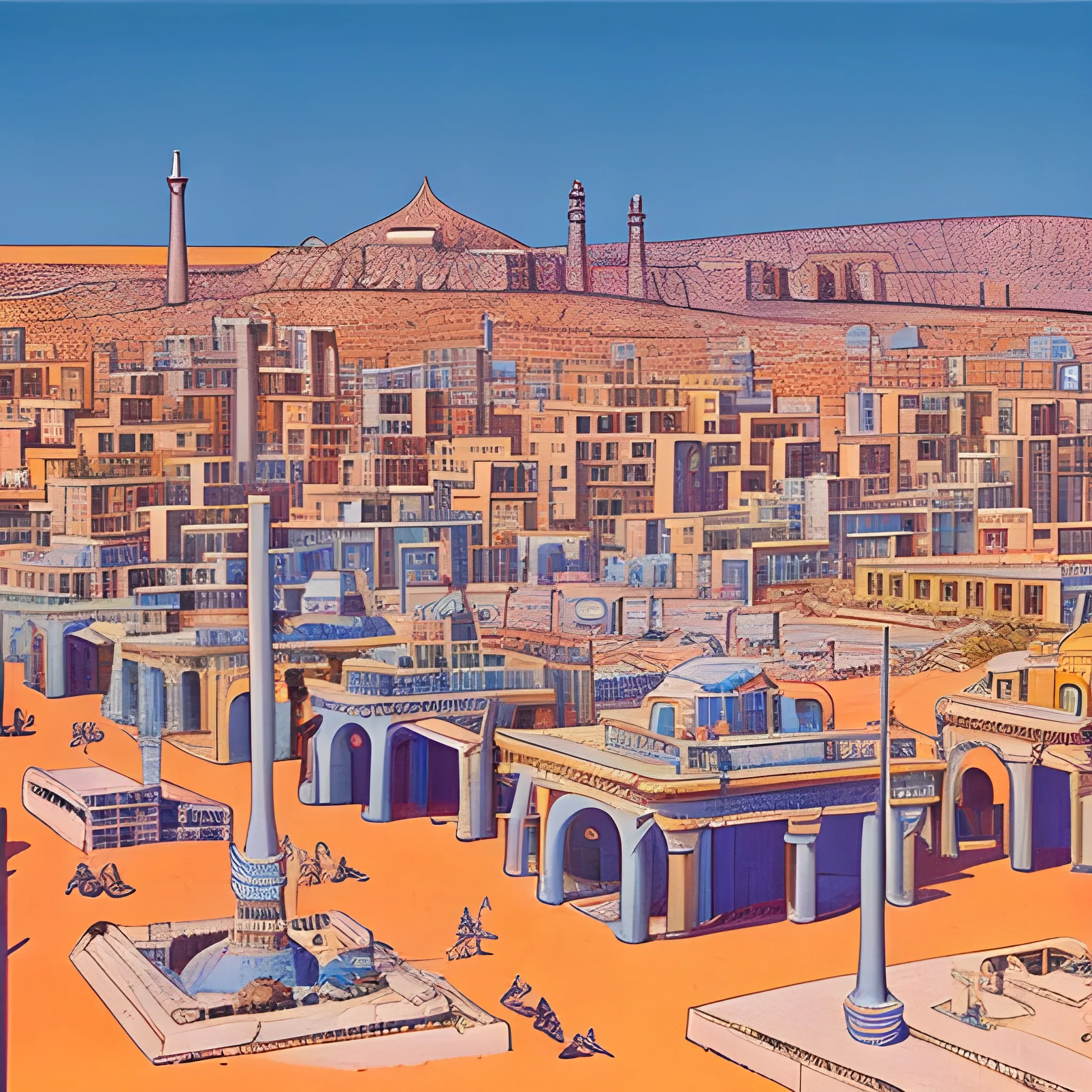 1960's Somalian port city, with greek architecture, drawn in Jean Giraud's art style