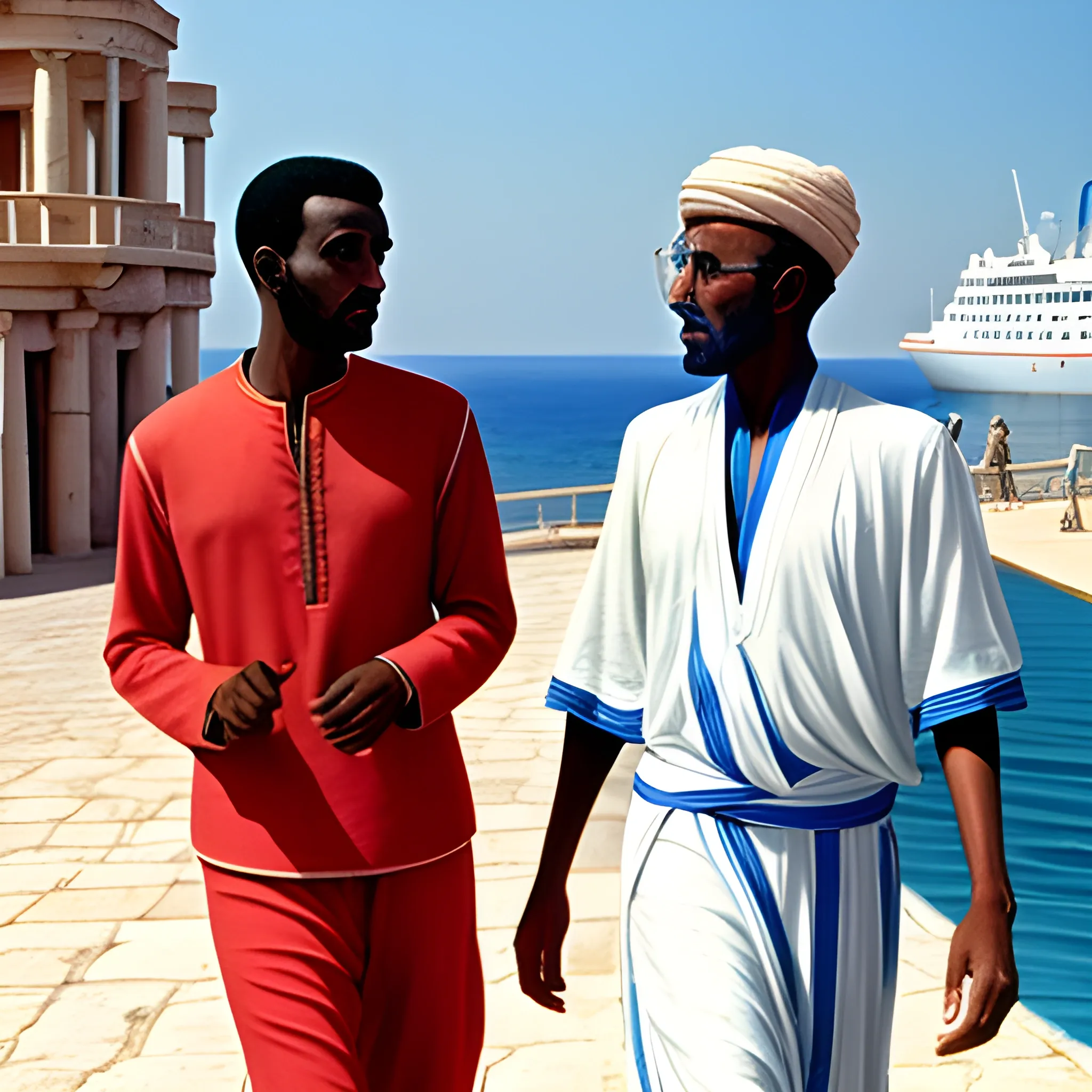 1960's Somalian man speaking to another man, wearing a clothes that are a mix of greek and Somalian clothing, walking on the broadwalk of a Somalian port city, by the ocean, ships in the dstance, with greek architecture, drawn in Jean Giraud's art style, close side view