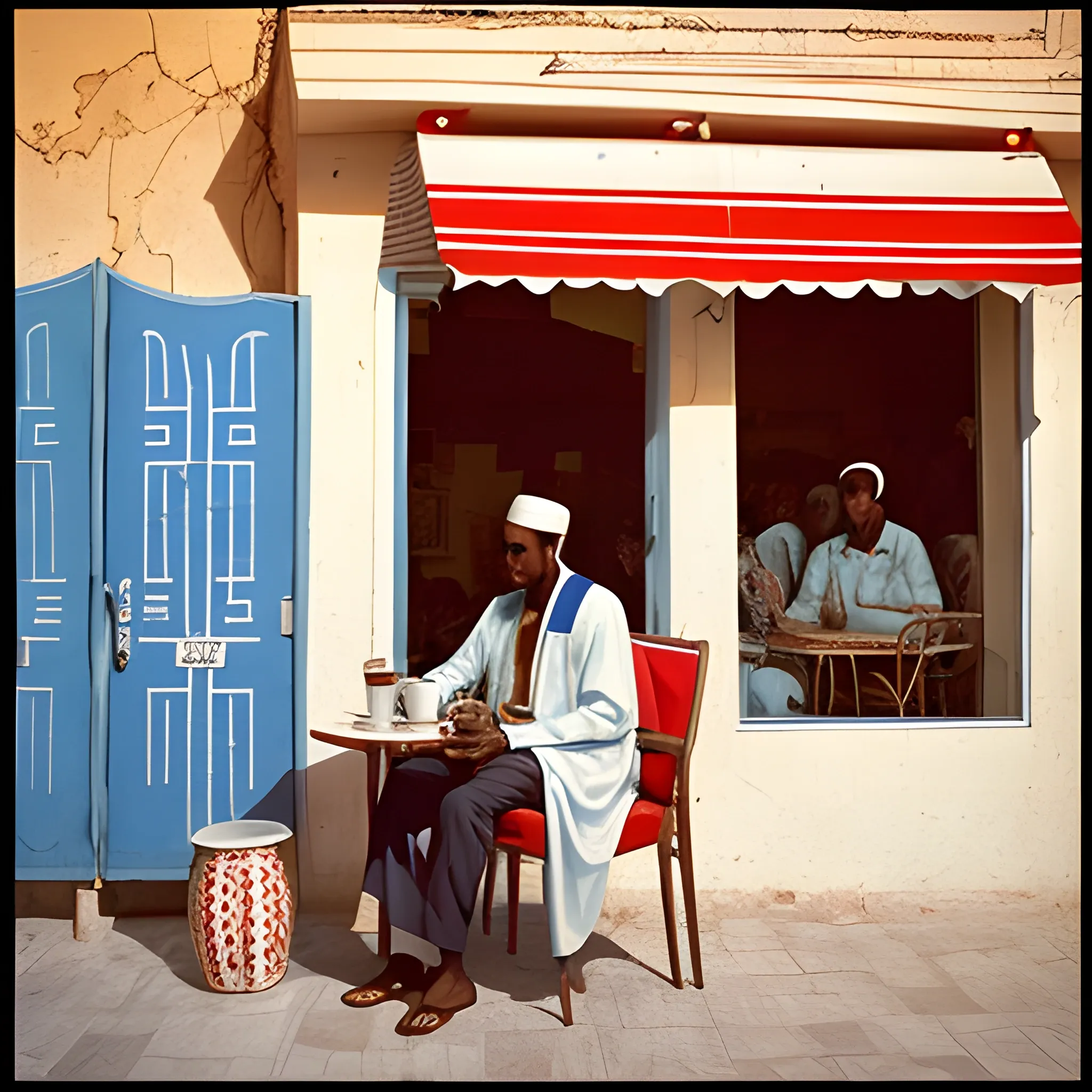 1960's Somalian man wearing a mix of 1960's greek fashion and Somalian clothes, drinking coffee at a cafe, greek and Somali architecture, drawn in Jean Giiraud