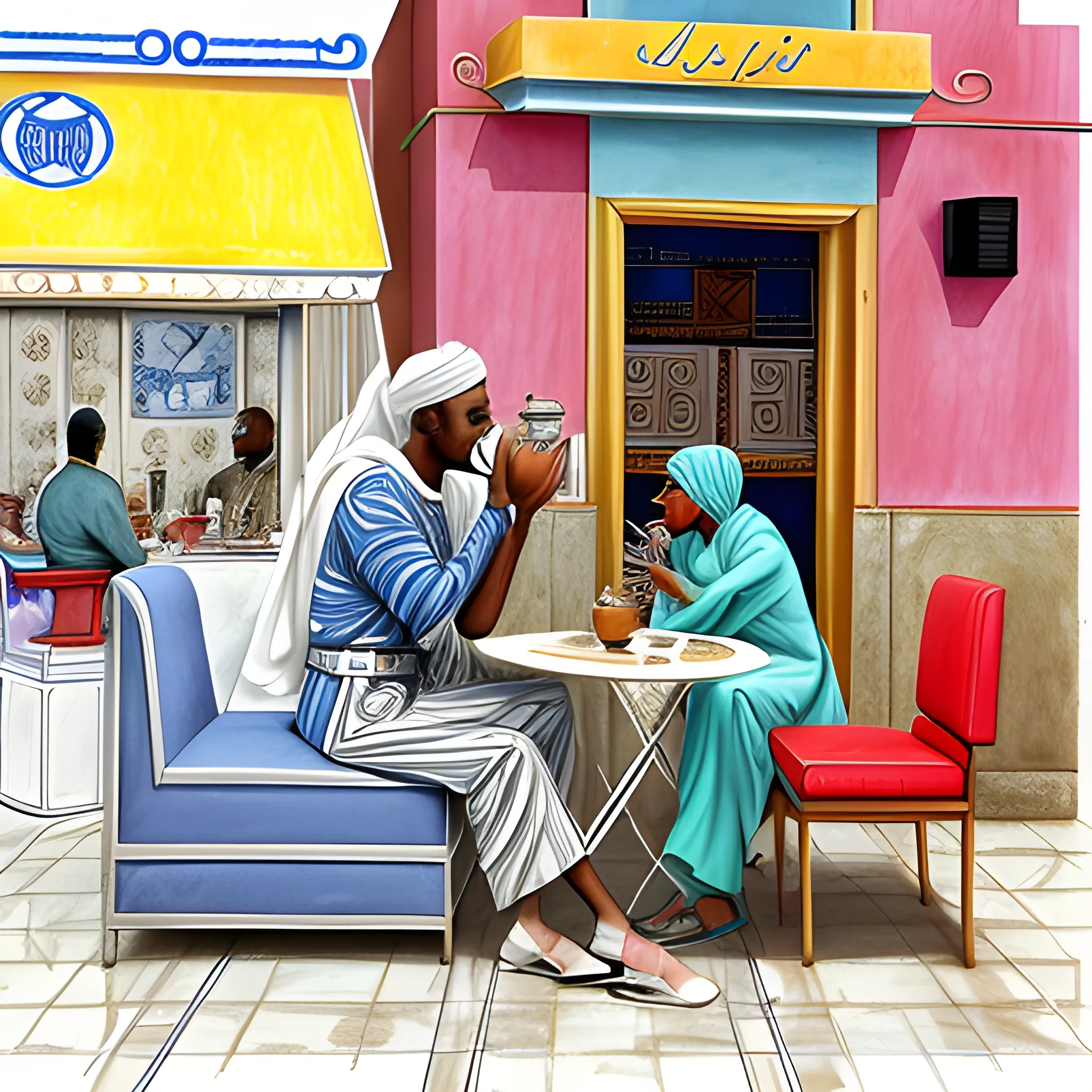 1960's Somalian man wearing a mix of 1960's greek fashion and Somalian clothes, drinking coffee at a cafe, greek and Somali architecture, drawn in Jean Giiraud, Cartoon, Trippy, Cartoon, 3D, Pencil Sketch, Water Color, Oil Painting