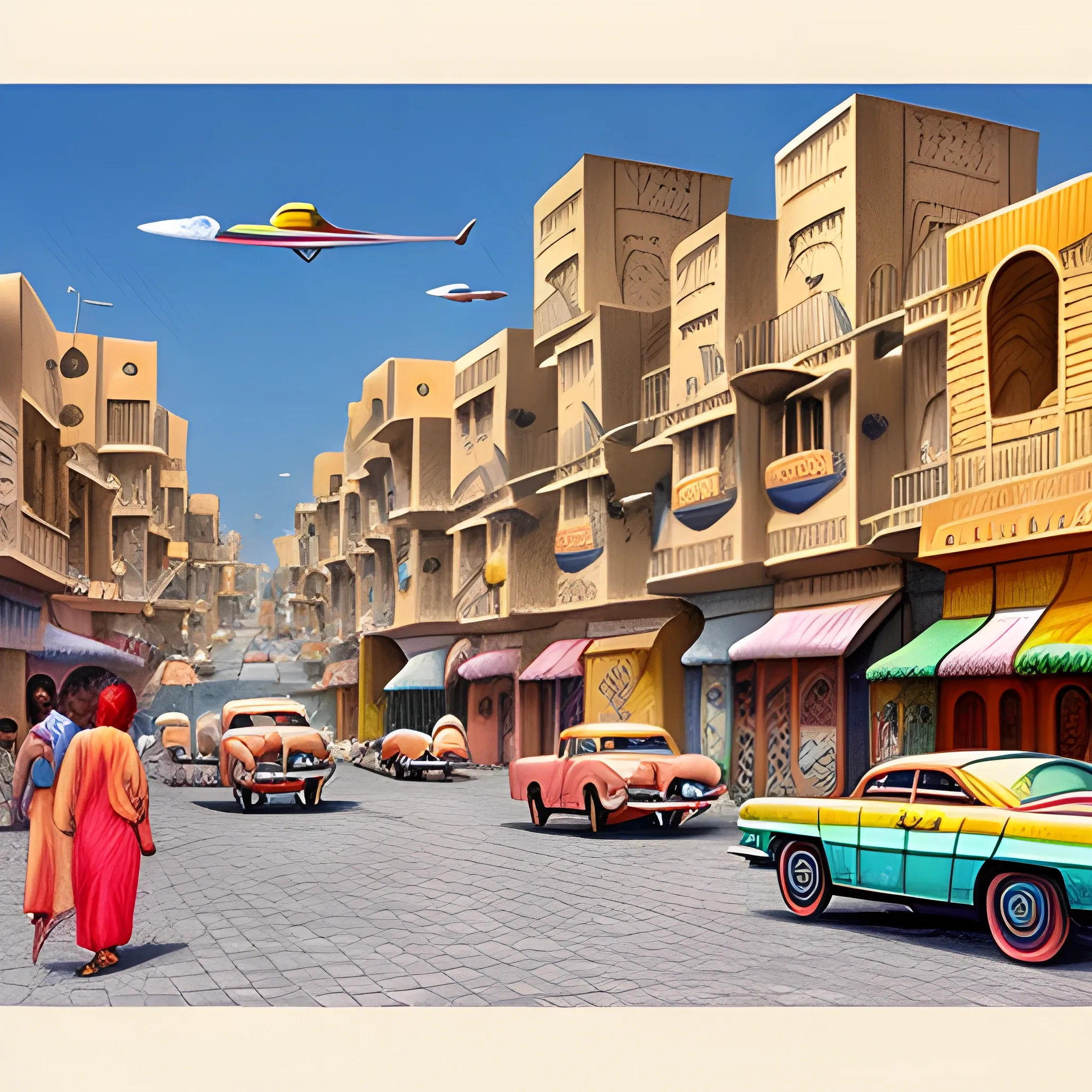 1960's rich Yemeni city, with 1960's Yemeni architecture, drawn in Jean Giiraud, Cartoon, Trippy, Cartoon, 3D, Pencil Sketch, Water Color, Oil Painting, Cartoon