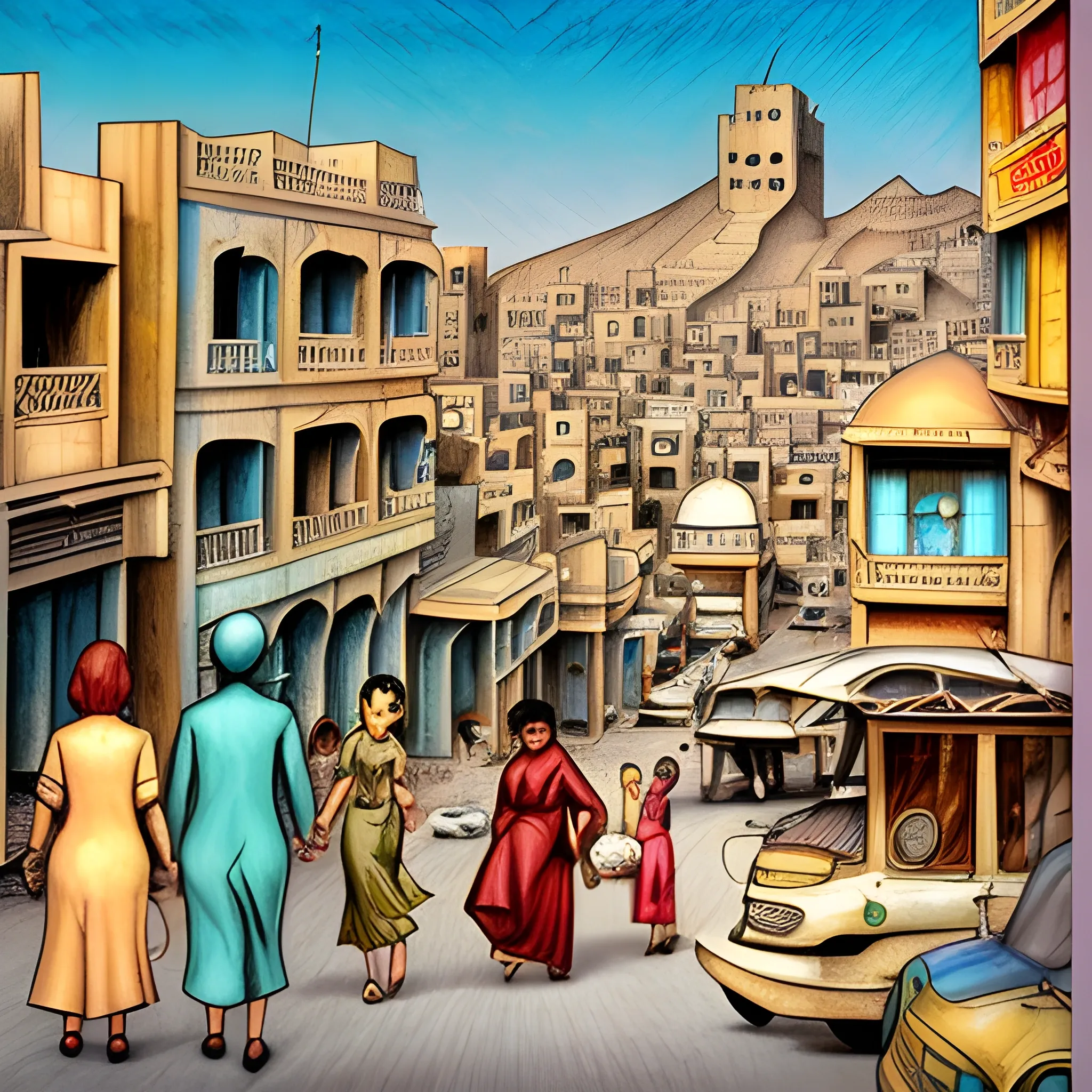 1960's rich Yemeni city, with 1960's Yemeni architecture, drawn in Jean Giiraud art style, Cartoon, Trippy, Cartoon, 3D, Pencil Sketch, Water Color, Oil Painting, Cartoon