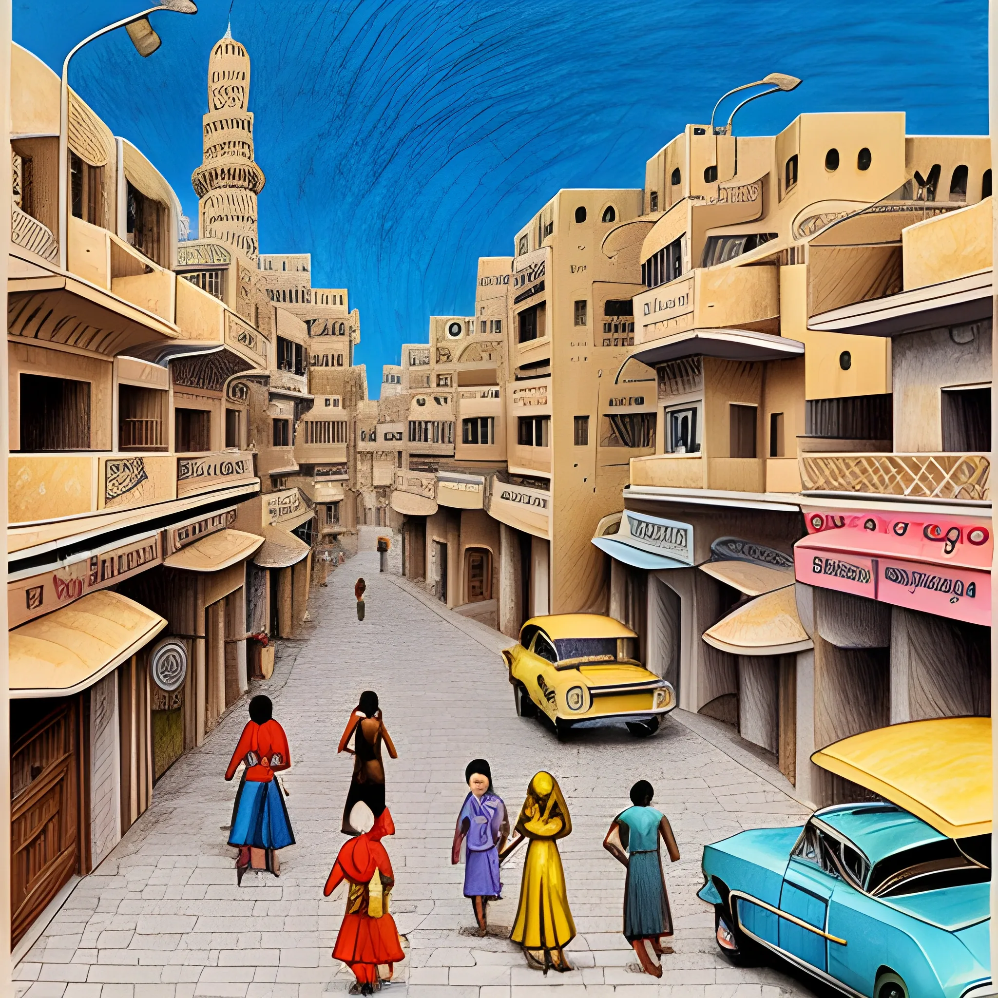 1960's rich Yemeni city, with 1960's Yemeni architecture, drawn in Jean Giiraud art style, Cartoon, Trippy, Cartoon, 3D, Pencil Sketch, Water Color, Cartoon