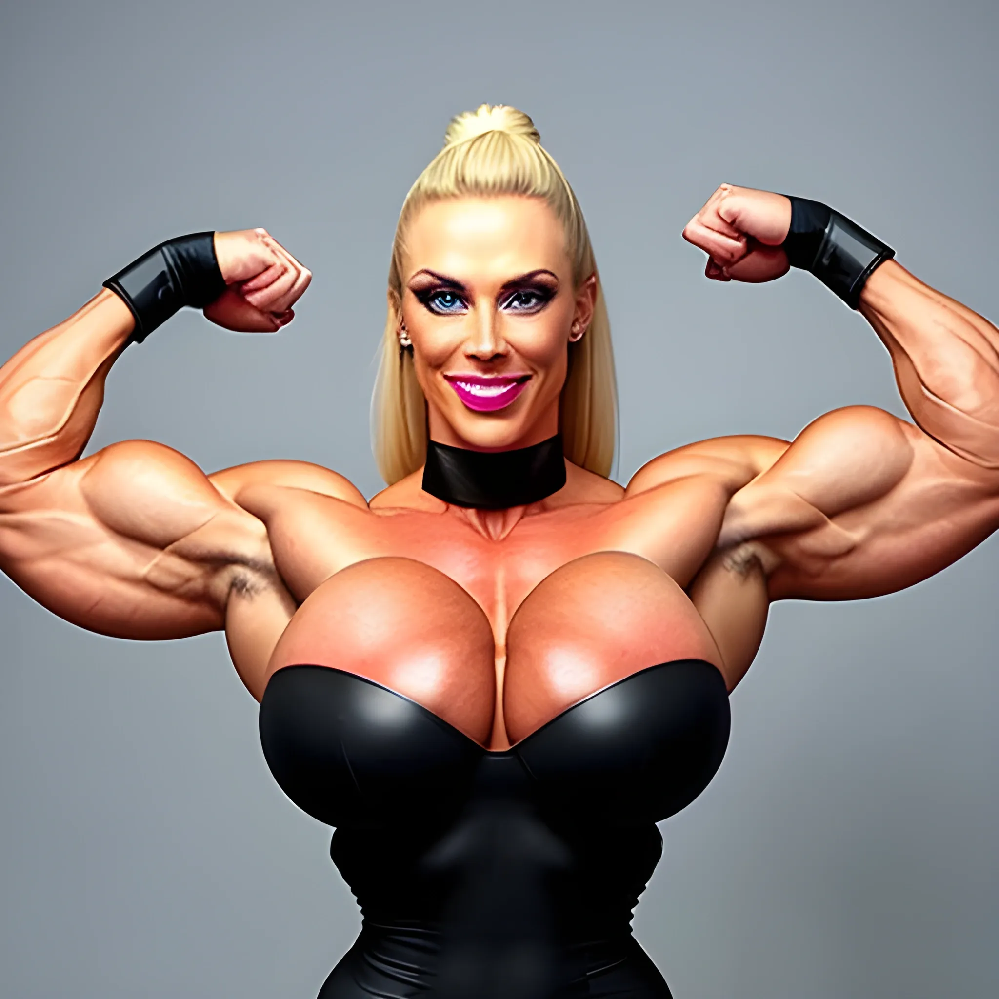 a triumphant beautiful and very tall teenage Swedish massive female bodybuilder  with blonde ponytail and with extremely narrow hips and extremely narrow waist, with tight muscular buttocks, with wide-set eyes, with expressive blue eyes, with full red lips, smiling, with massive biceps peaks, perfect in every way, large breast implants and thick striated pectorals, flexing massive trapezius muscles, posing huge bicep peak, wearing black cocktail dress, view high angle from front