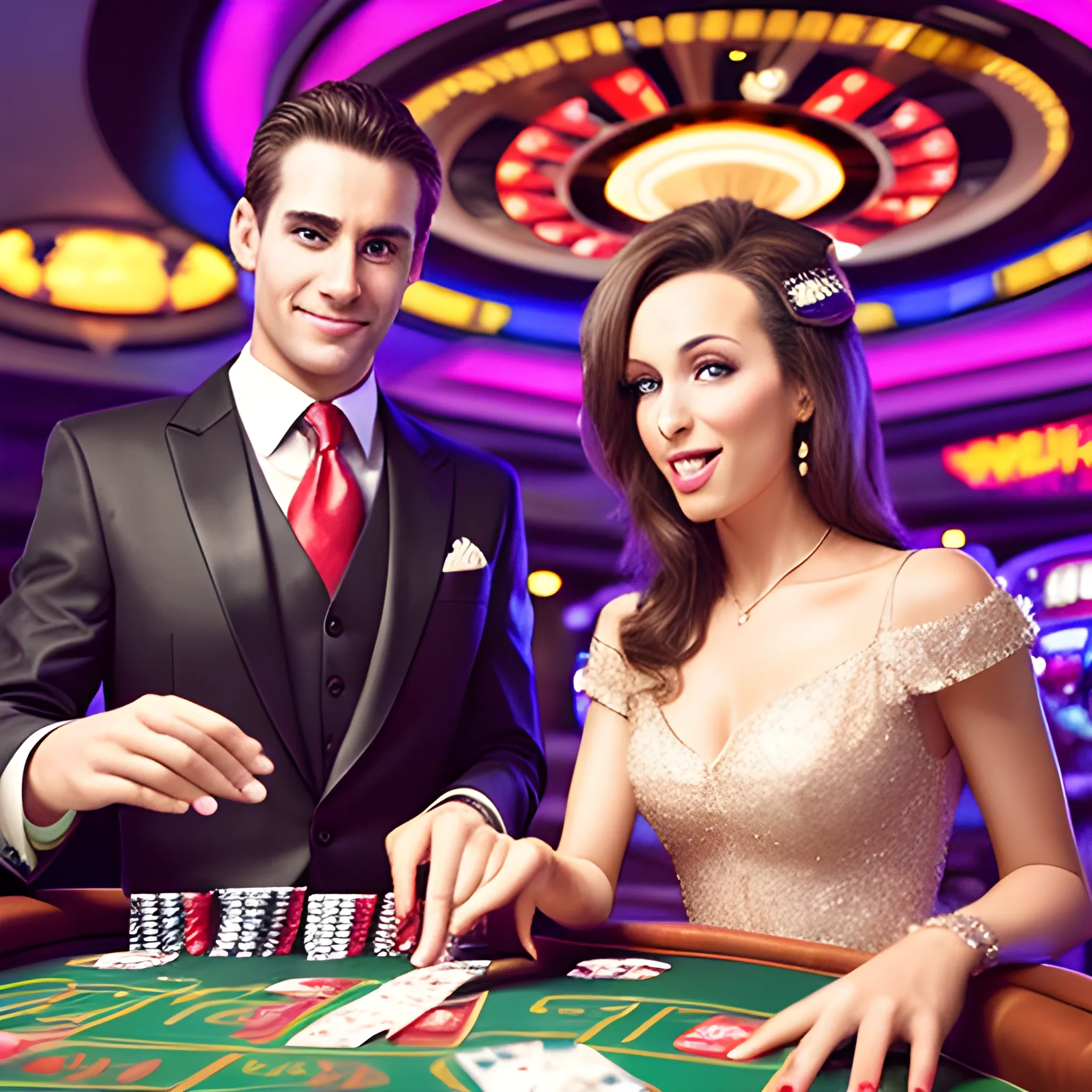 man and woman are holding a lot of dollars after luckily hitting the jackpot at the casino table