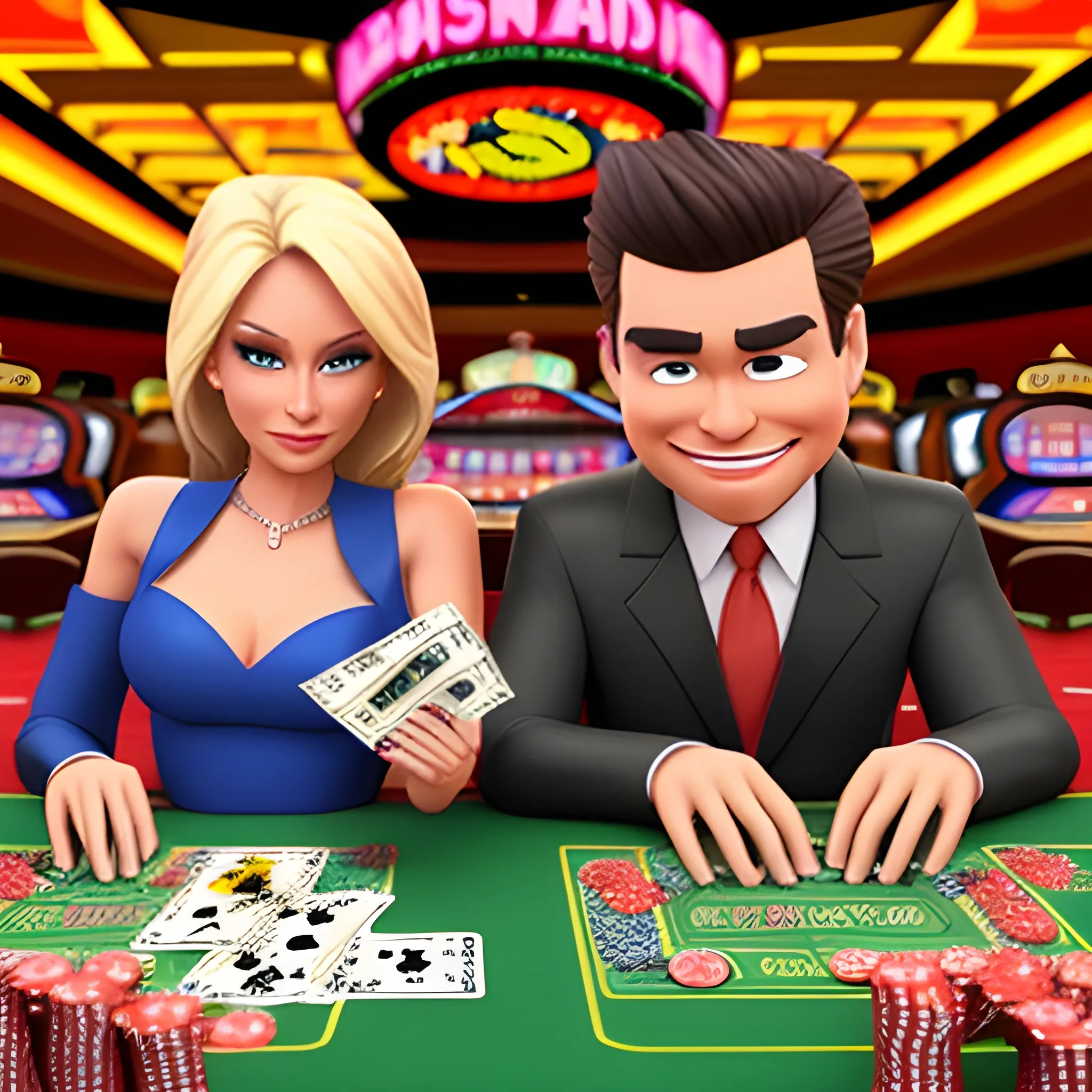 man and woman are holding a lot of dollar bills after luckily hitting the jackpot at the casino table. 3D, Cartoon