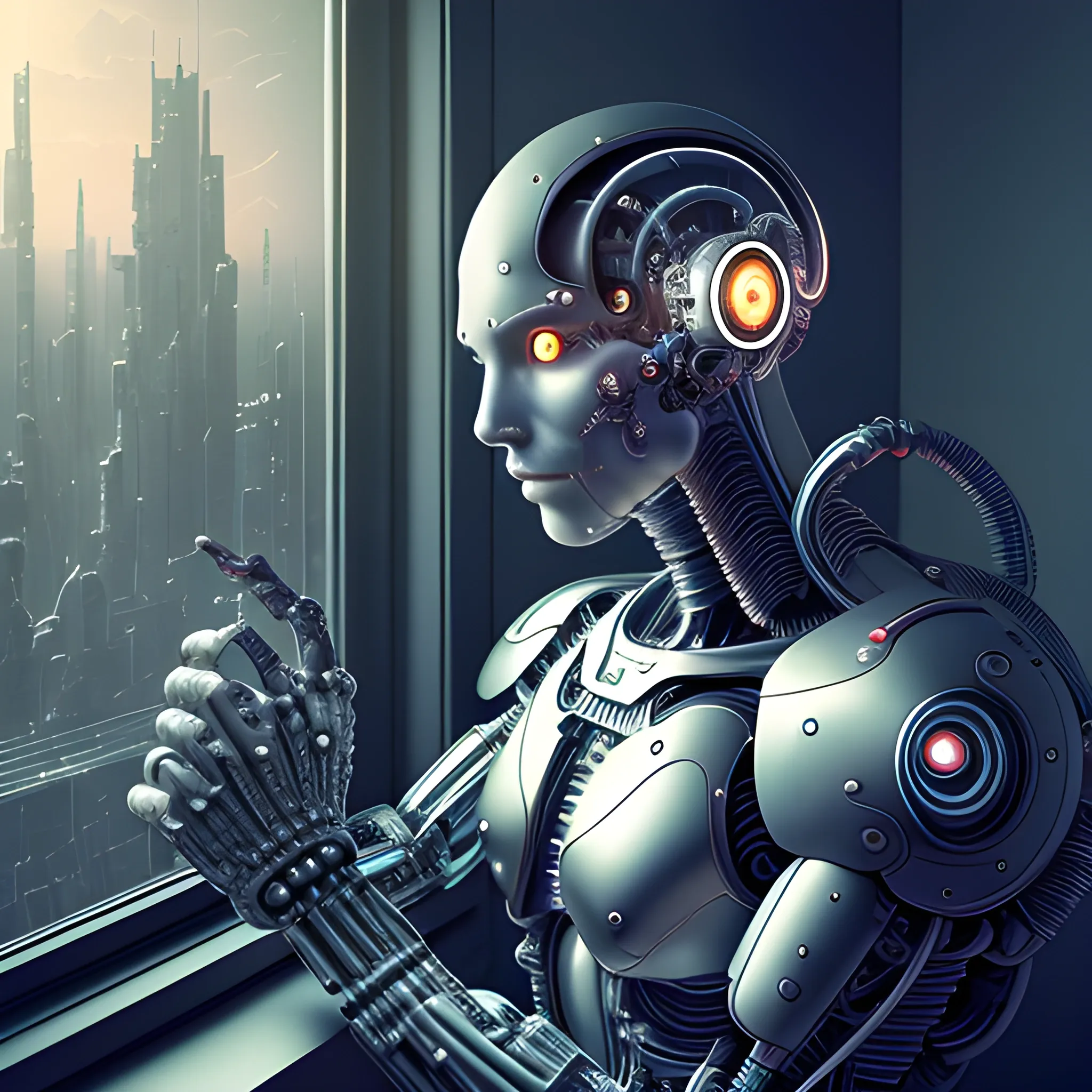 lonely cyborg looking out a window at dusk, beautiful lighting, highly detailed, close up, hyperdetailed, intricate line drawings, 4k, 8k, high resolution, by diego fazio and diegoKoi and
seed: 684782267 | scale: 6.1 | steps: 32