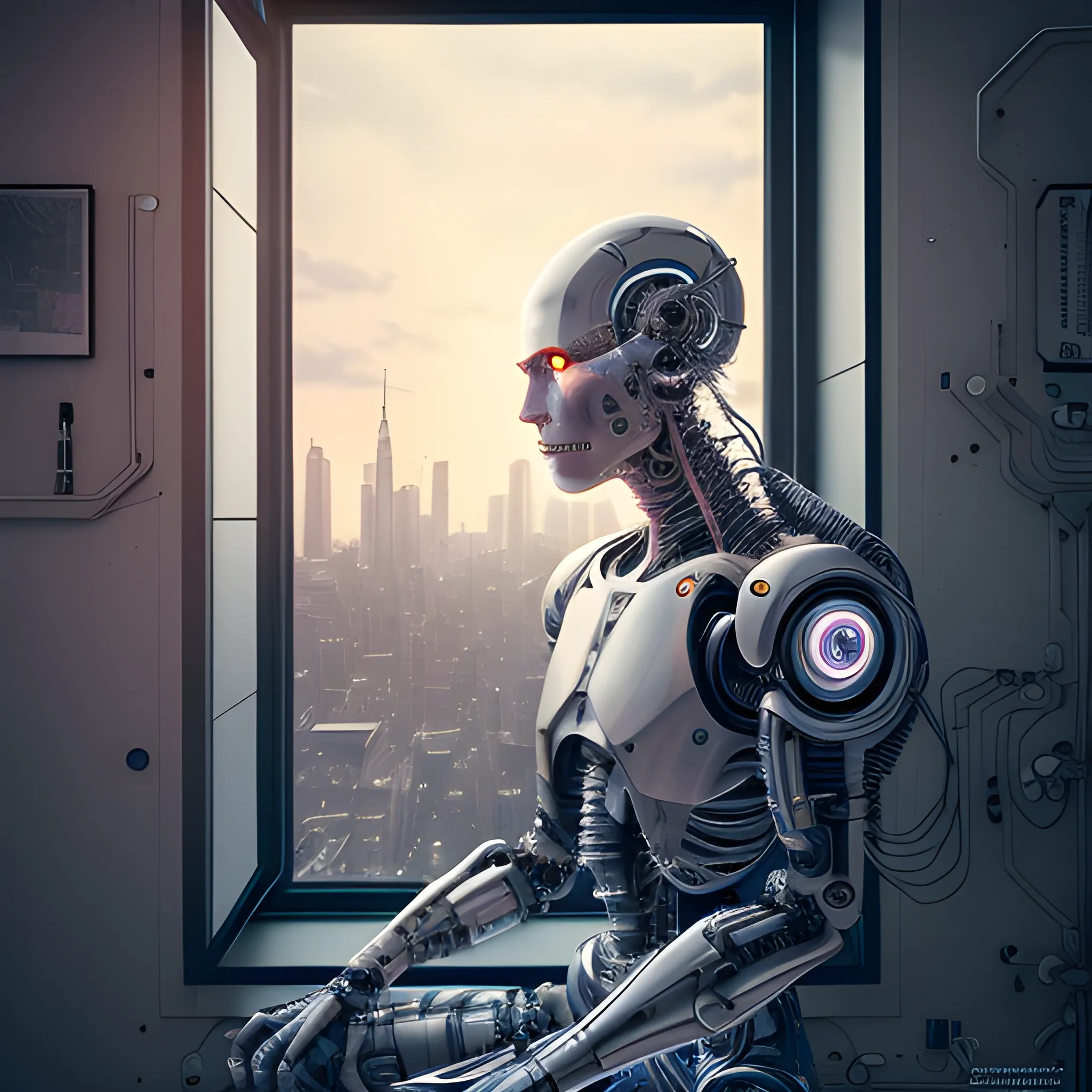 lonely cyborg looking out a window at dusk, beautiful lighting, highly detailed, close up, hyperdetailed, intricate line drawings, 4k, 8k, high resolution, by diego fazio and diegoKoi and
seed: 684782267 | scale: 6.1 | steps: 32, Trippy