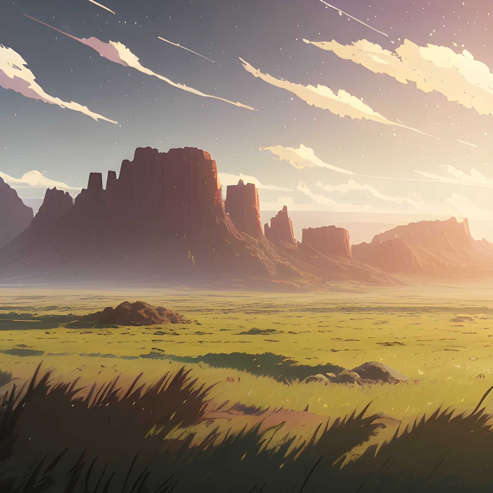 close-up of large space of barren land with some grass... in the style of makoto shinkai and greg rutkowski and albert bierstadt and james gurney