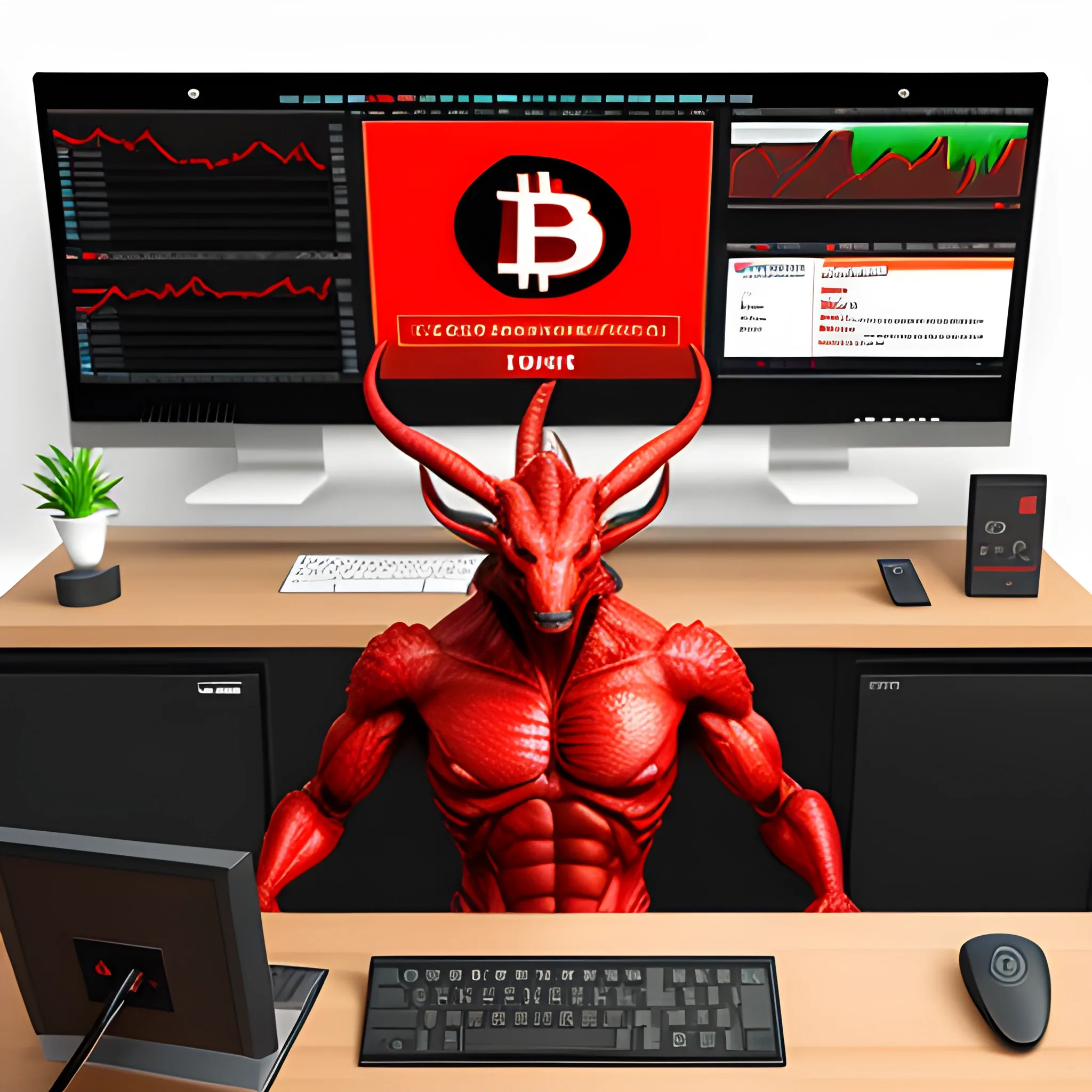 a baby red dragon is sitting in front of his computer desk, a bullish bitcoin trading computer display, on the wall hanging several posters about technology, 3D animation