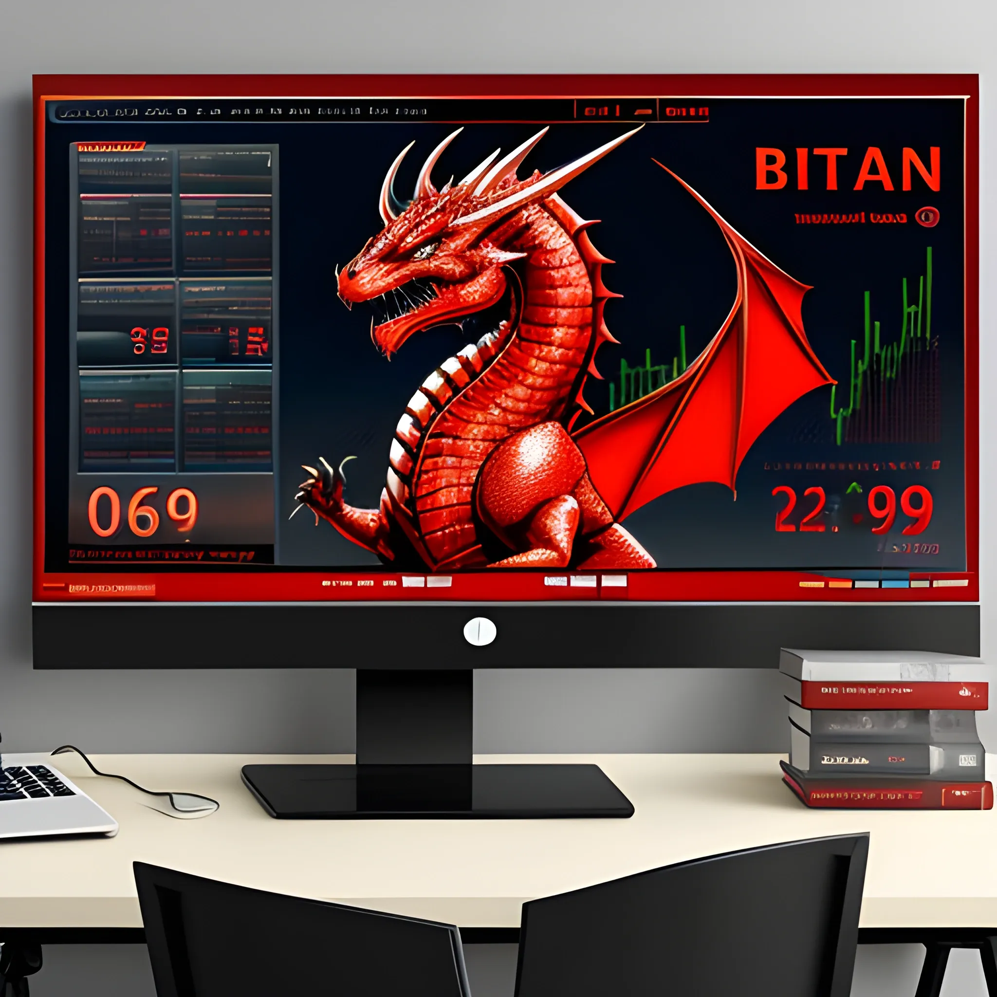 a baby red dragon is sitting in front of his computer desk, a bullish bitcoin trading computer display, on the wall hanging several posters about technology, Cartoon