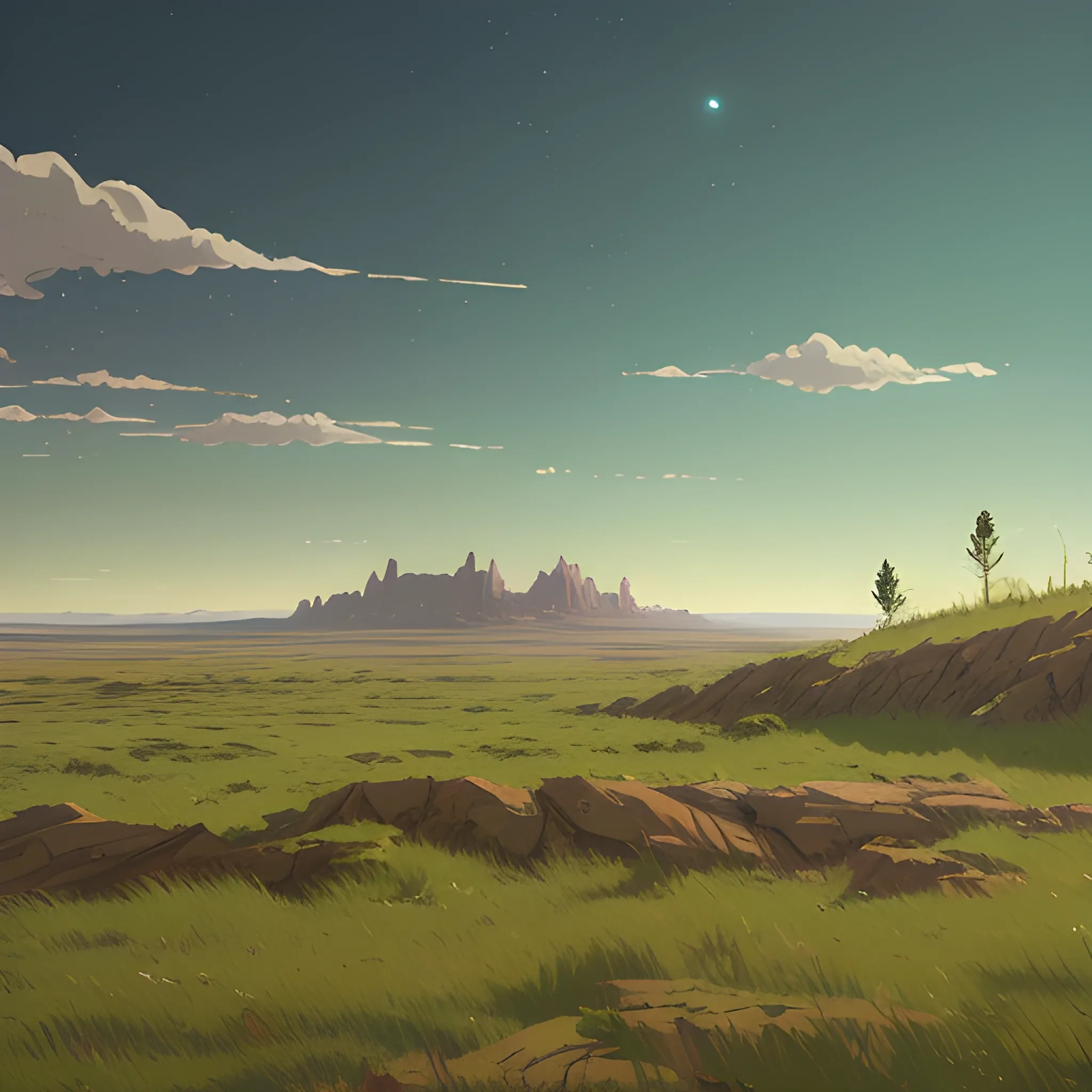 close-up of large space of barren land with some grass... in the style of makoto shinkai and greg rutkowski and albert bierstadt and james gurney