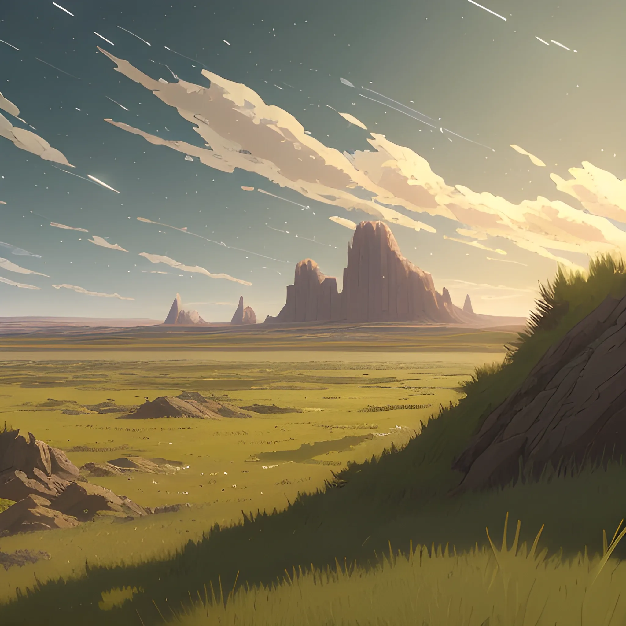 close-up of large space of barren land with some grass... in the style of makoto shinkai and greg rutkowski and albert bierstadt and james gurney