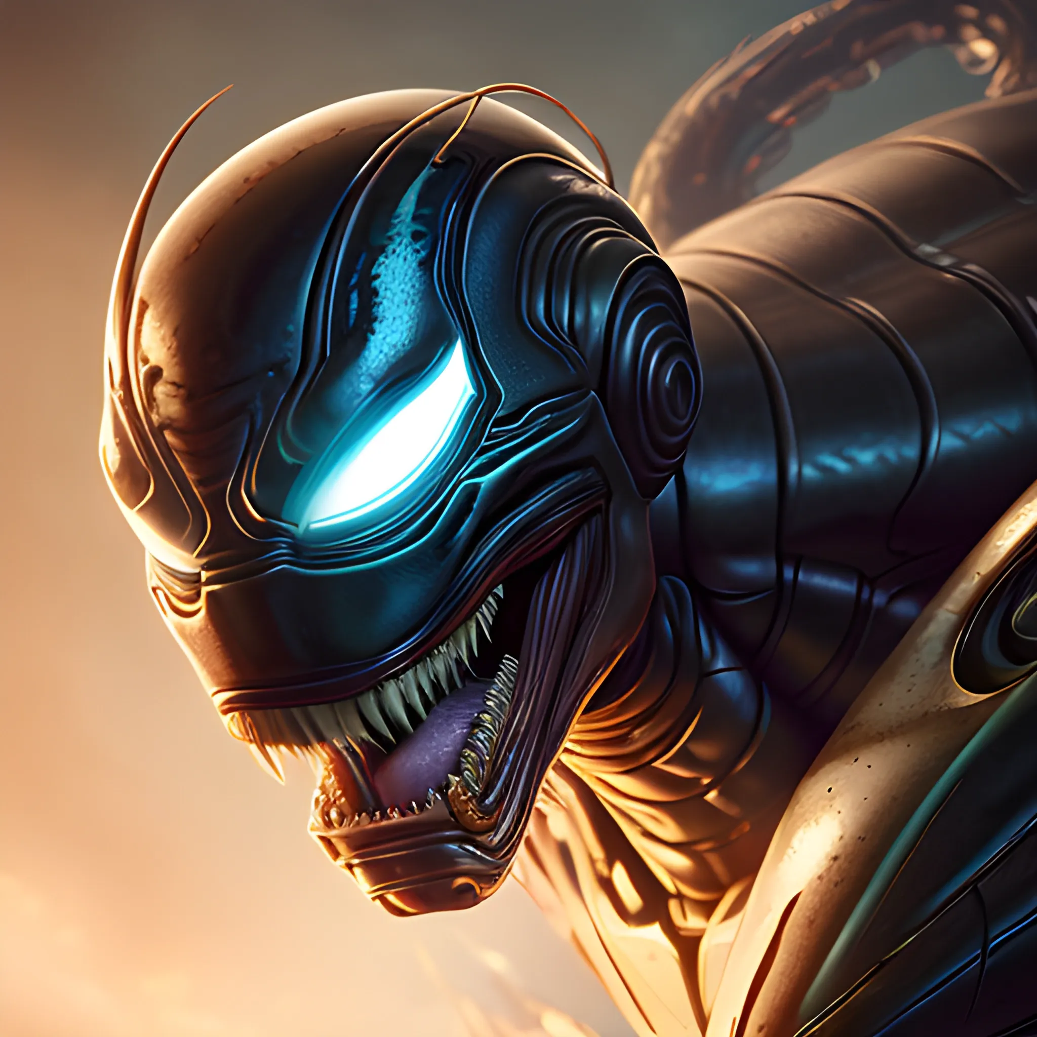  A detailed and intricate digital art piece in a cinematic style, this ultra high resolution portrait of a powerful venom alien beast is a true masterpiece use ironman suit monster version. The beautiful lighting and playful design make it a trend-setter on ArtStation. A true award-winning work., close up
