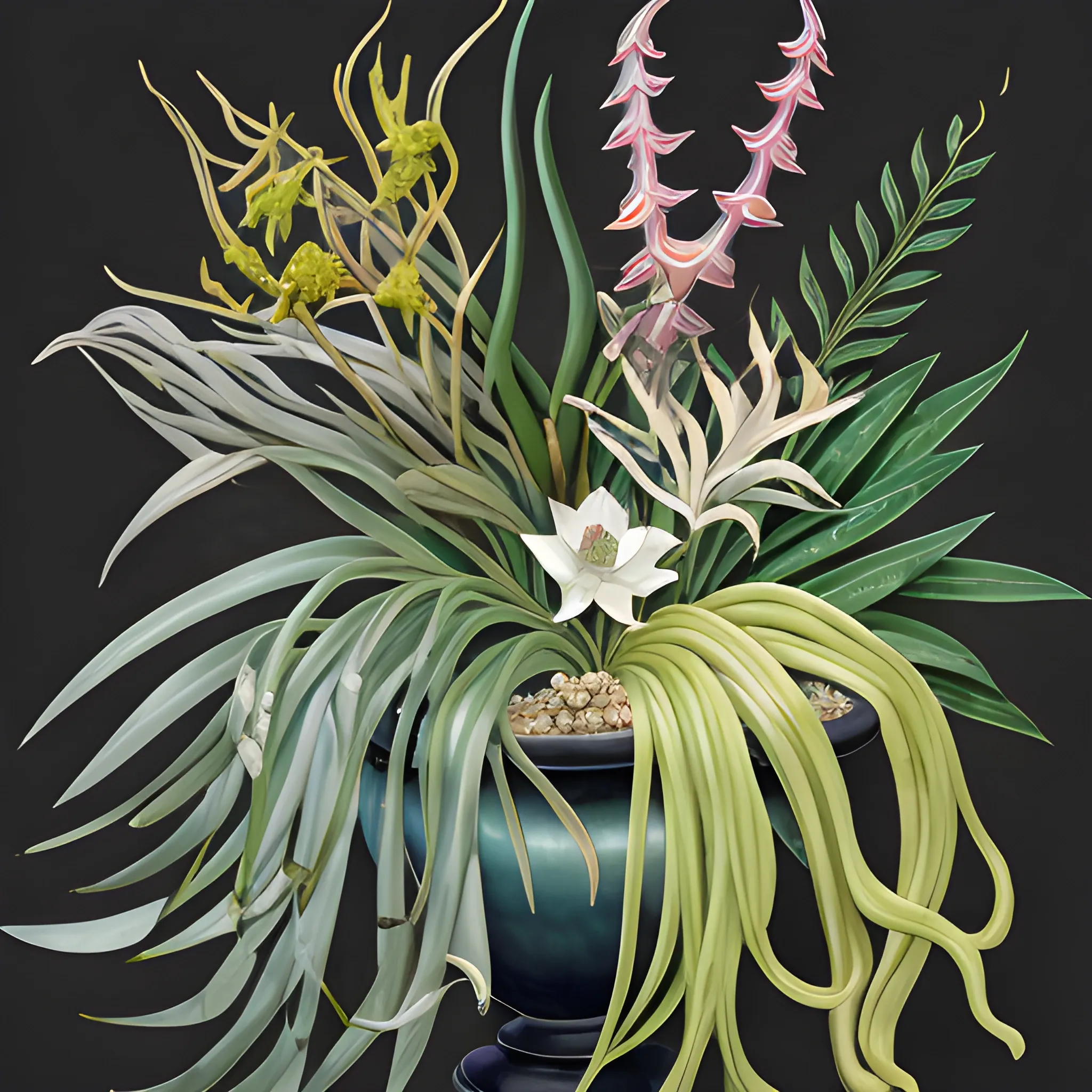 Floral composition of Jade Vine, ghost orchid, corpse flower, Lotus, Camellia japonica, Banksia, Dicentra Formosa, assorted leaves and nymphs on a dark background, Water Color