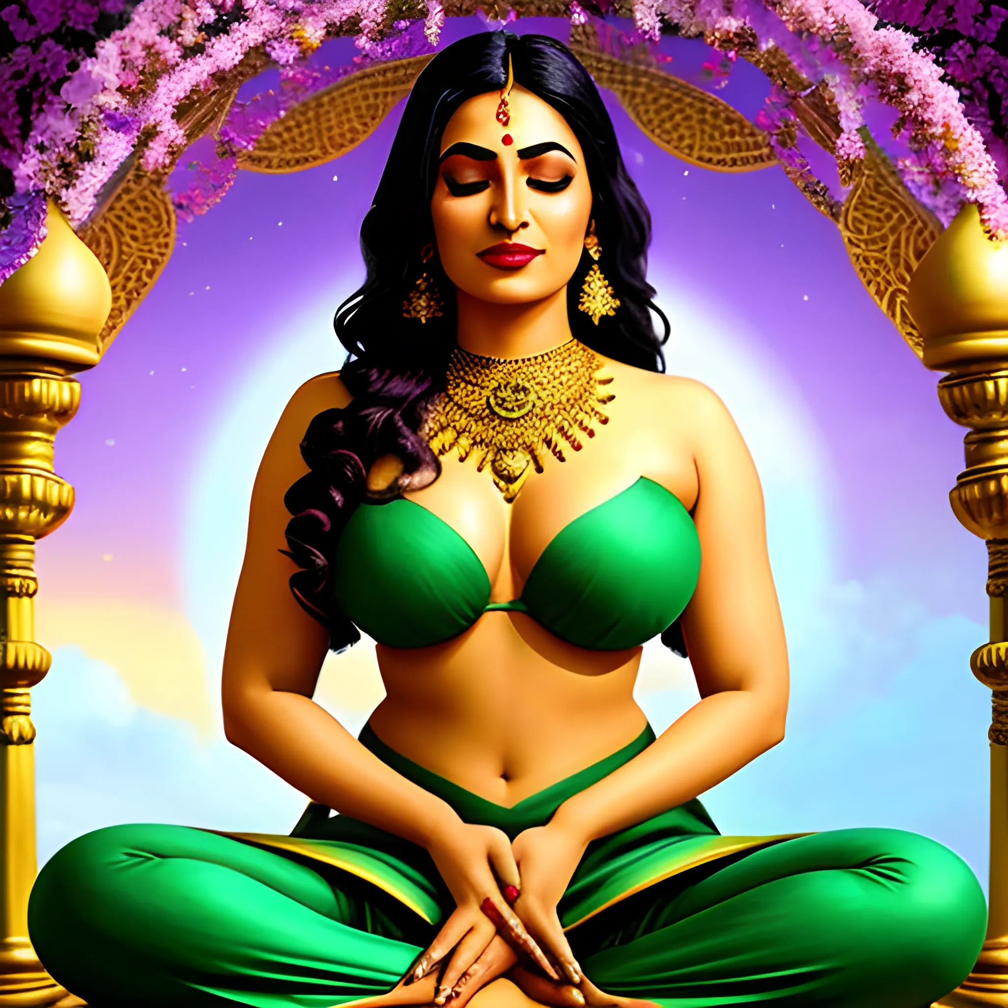 Nithya Menon, wearing a green teal purple creamy saree, is sitting in squatting posture like in an Indian toilet, under her there is a small pole of dreams, she is actually sitting on top of that, in a golden platform, she has placed her left palm on to her left chest attractively and gently for comfort, there are shiva linga shapes in the background as properties, she showered with white petals from heaven, her eyes are closed in peace, she is happy and tranquil, a attractive, beautiful, curvy, half body shot, perfect composition, golden ratio in the composition, vibrant colorful sacred grove background, Oil Painting