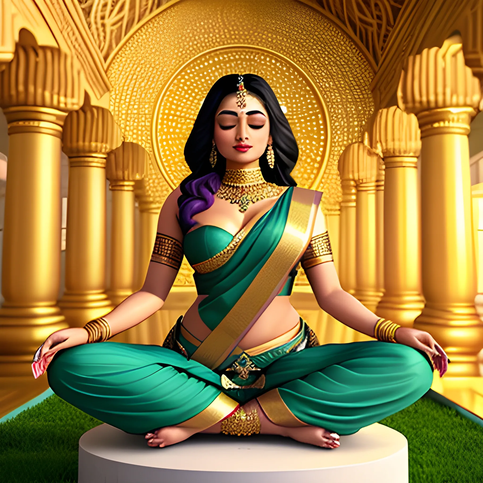 Nithya Menon, wearing a green teal purple creamy saree, is sitting in squatting posture like in an Indian toilet, under her there is a small pole of dreams, she is actually sitting on top of that, in a golden platform, she has placed her left palm on to her left chest attractively and gently for comfort, there are shiva linga shapes in the background as properties, she showered with white petals from heaven, her eyes are closed in peace, she is happy and tranquil, a attractive, beautiful, curvy, half body shot, perfect composition, golden ratio in the composition, vibrant colorful sacred grove background, Oil Painting, 3D