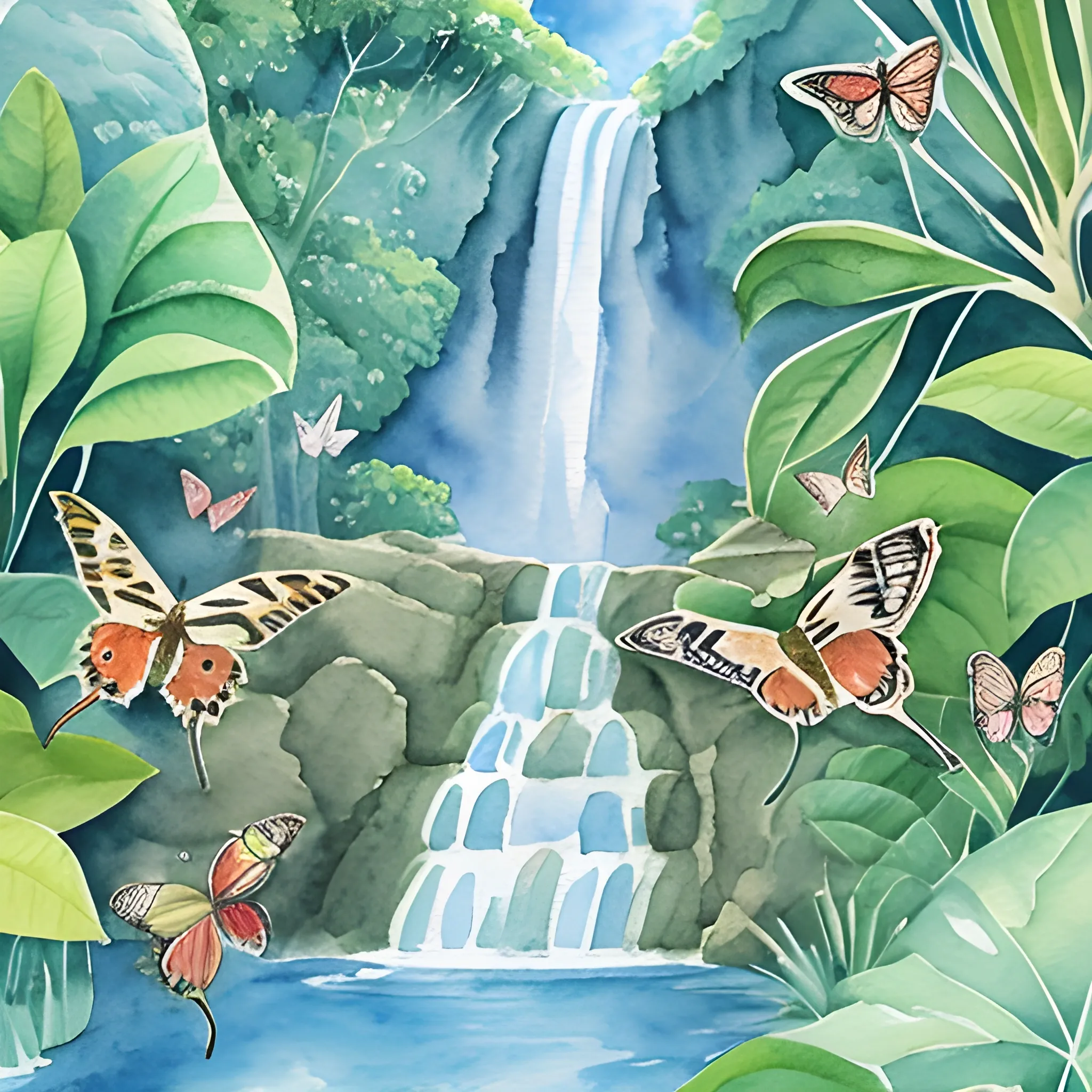 watercolor illustration of A group of butterflies fluttering around a waterfall in the jungle