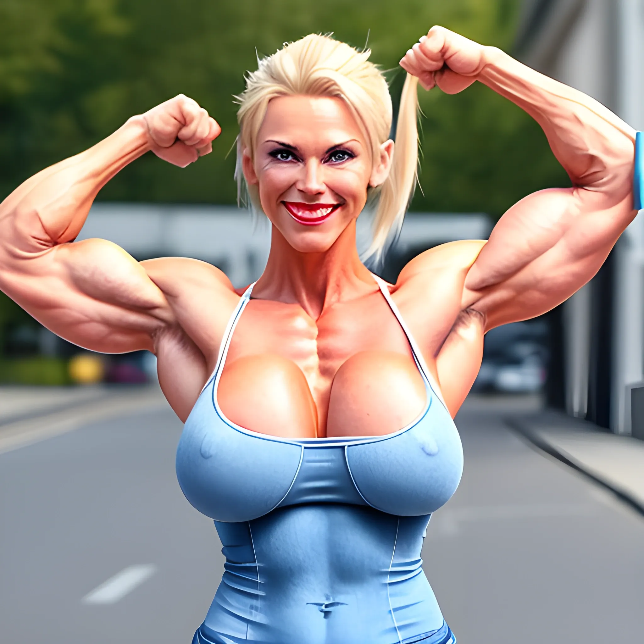 Colossal sized gigantic height heavily built young muscular female  bodybuilder huge arm wrist bicep thigh legs blonde hair carrying small boy  - Playground
