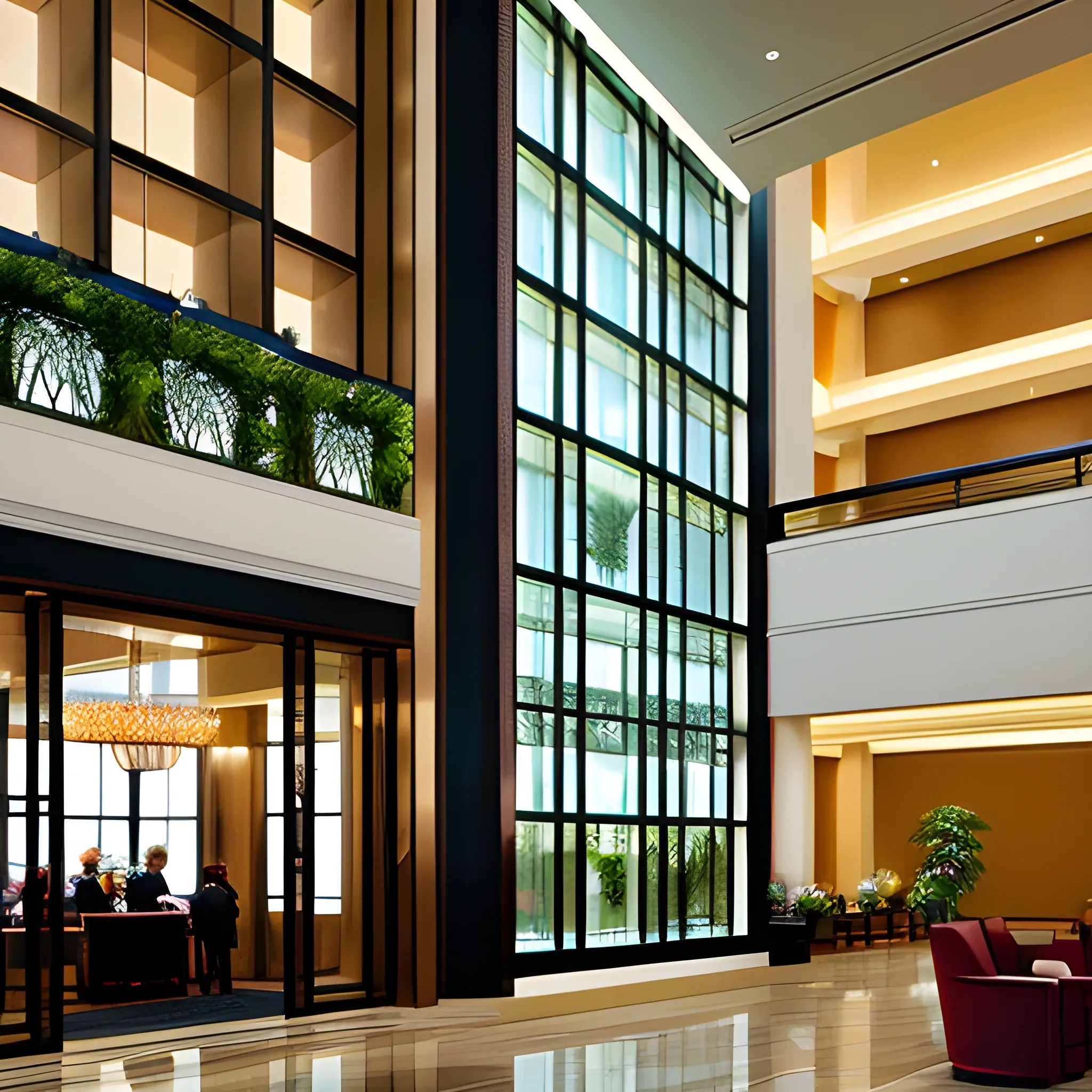 hotel lobby lounge, full height glass facade