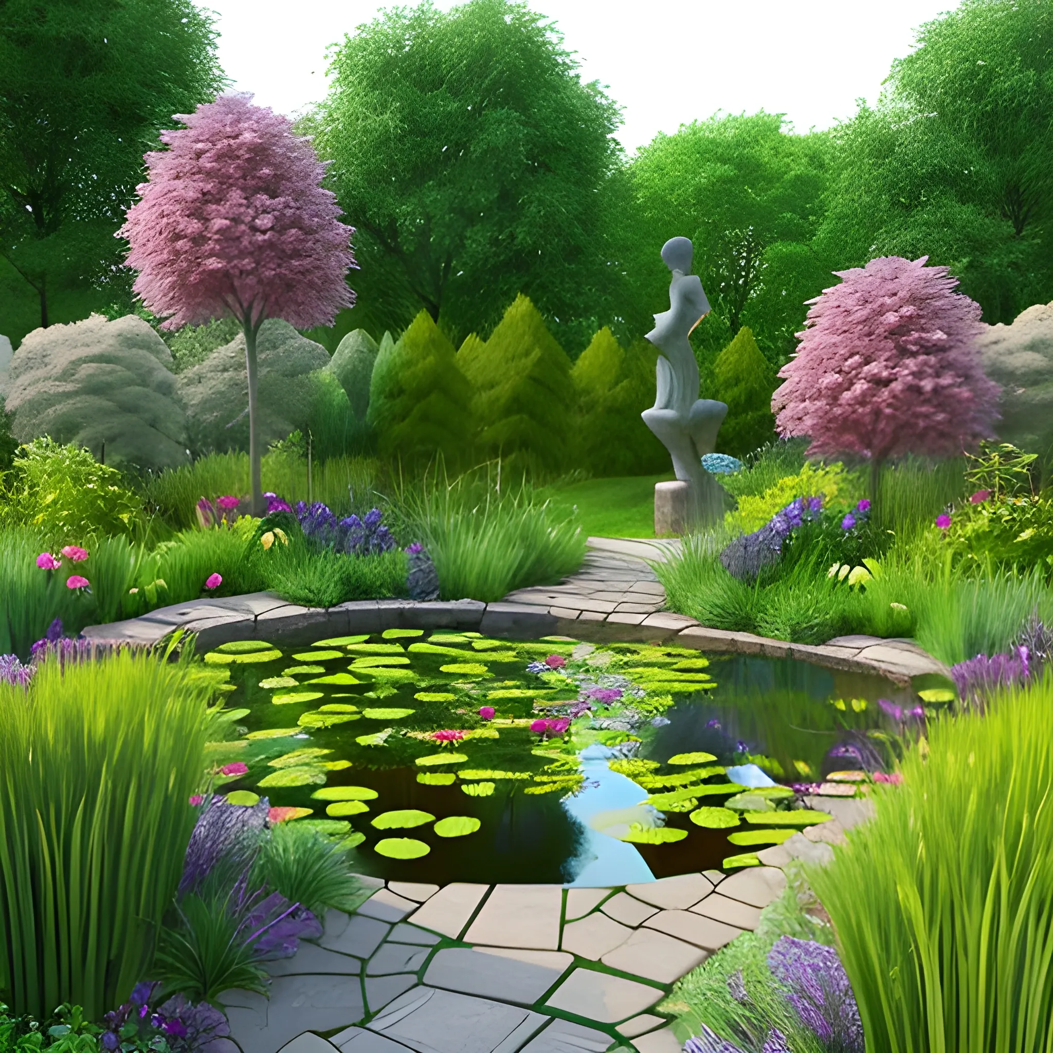 beautiful garden with sculptures and art, lots of flowers, tall grasses, 3D, pond, fish, wooden path
