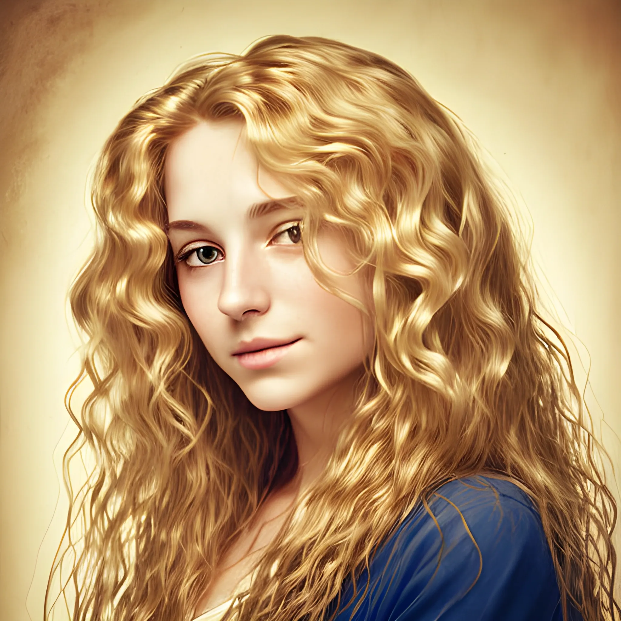 woman with long wavy golden wavy hair in the style of turner on white background
