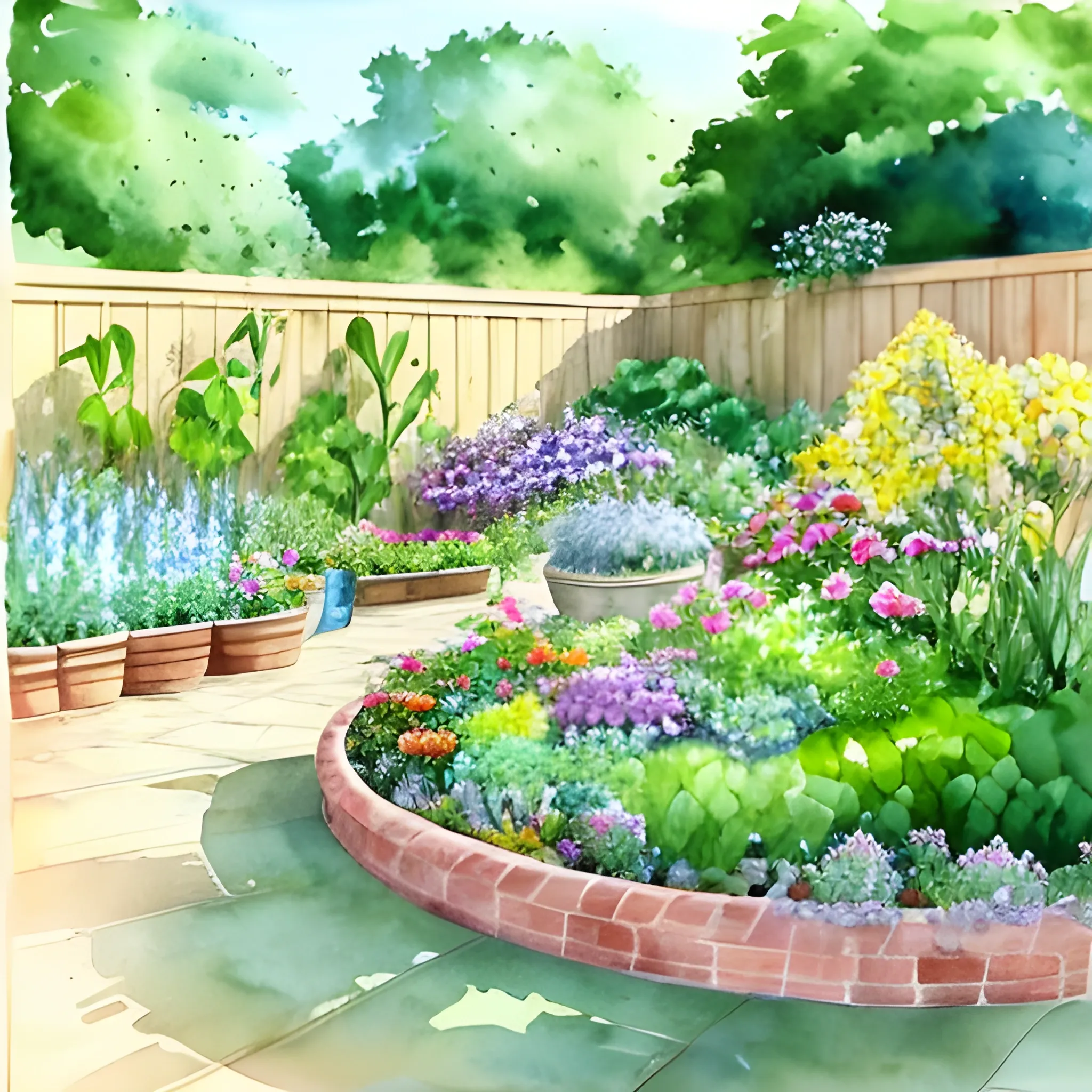 Beautiful garden, sunny, lots of plants in pots, Water Color