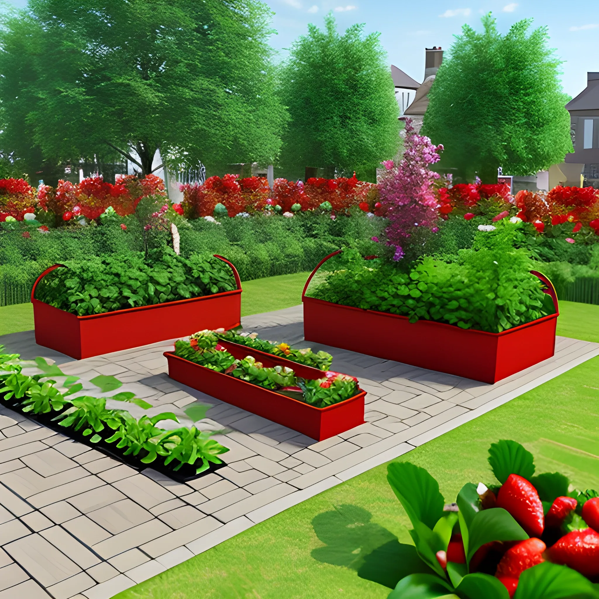 beautiful garden, strawberries, fruit, planters, 3D