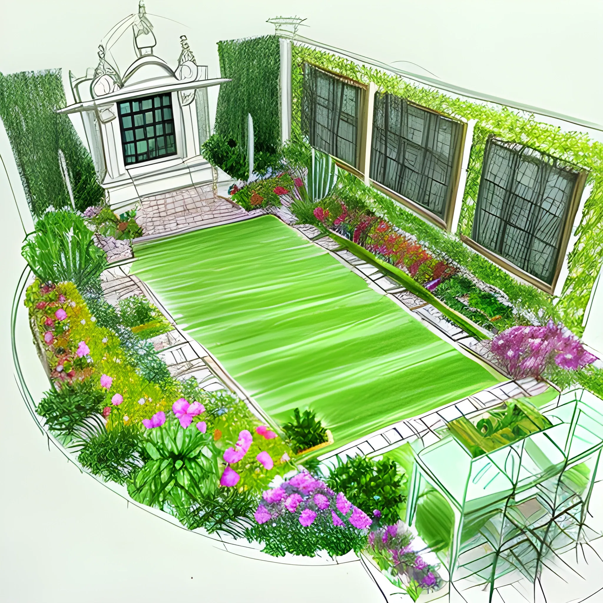 beautiful garden, design, layout, plans, Pencil Sketch