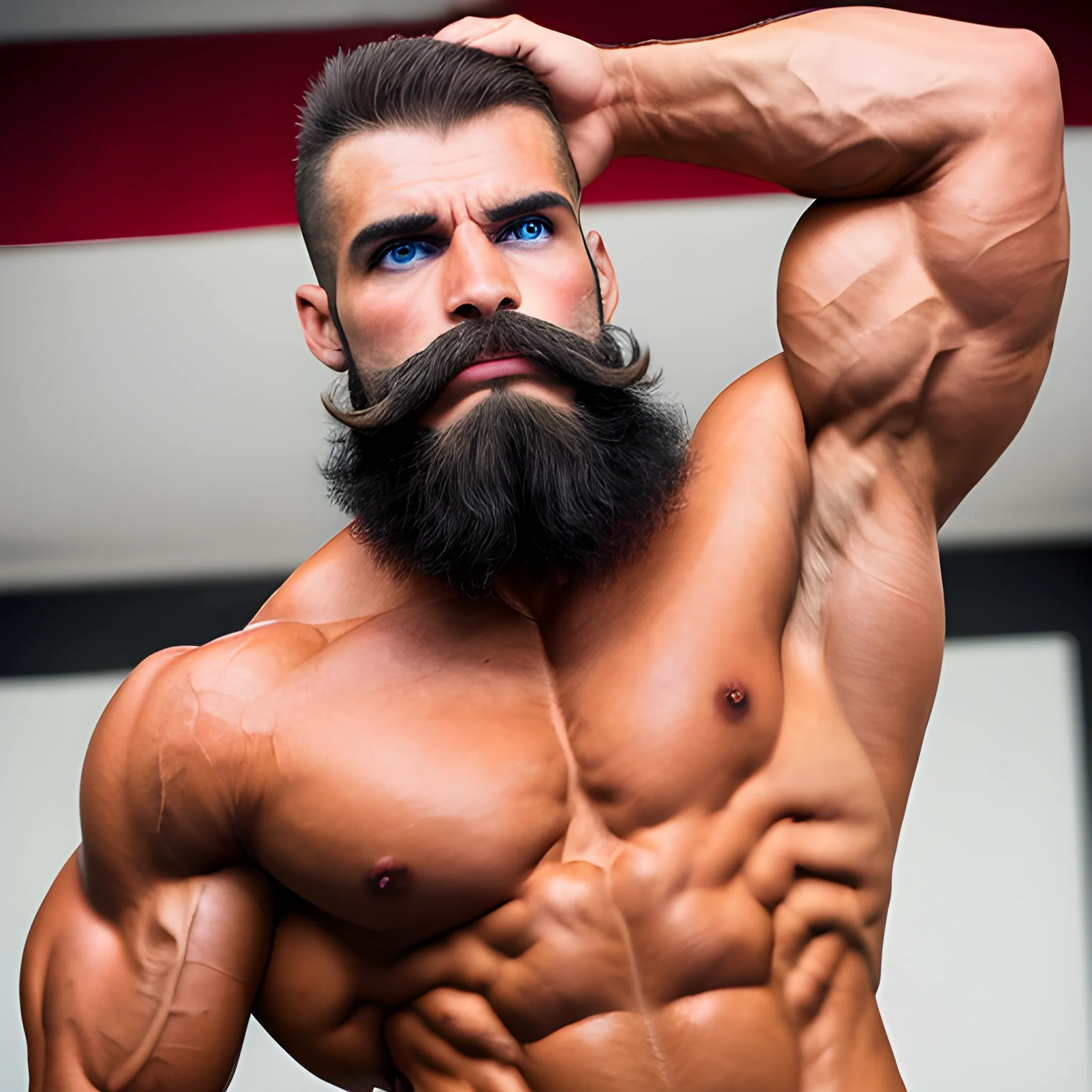 an accomplished male physique competitor, getting photographed, serious expression, facial hair