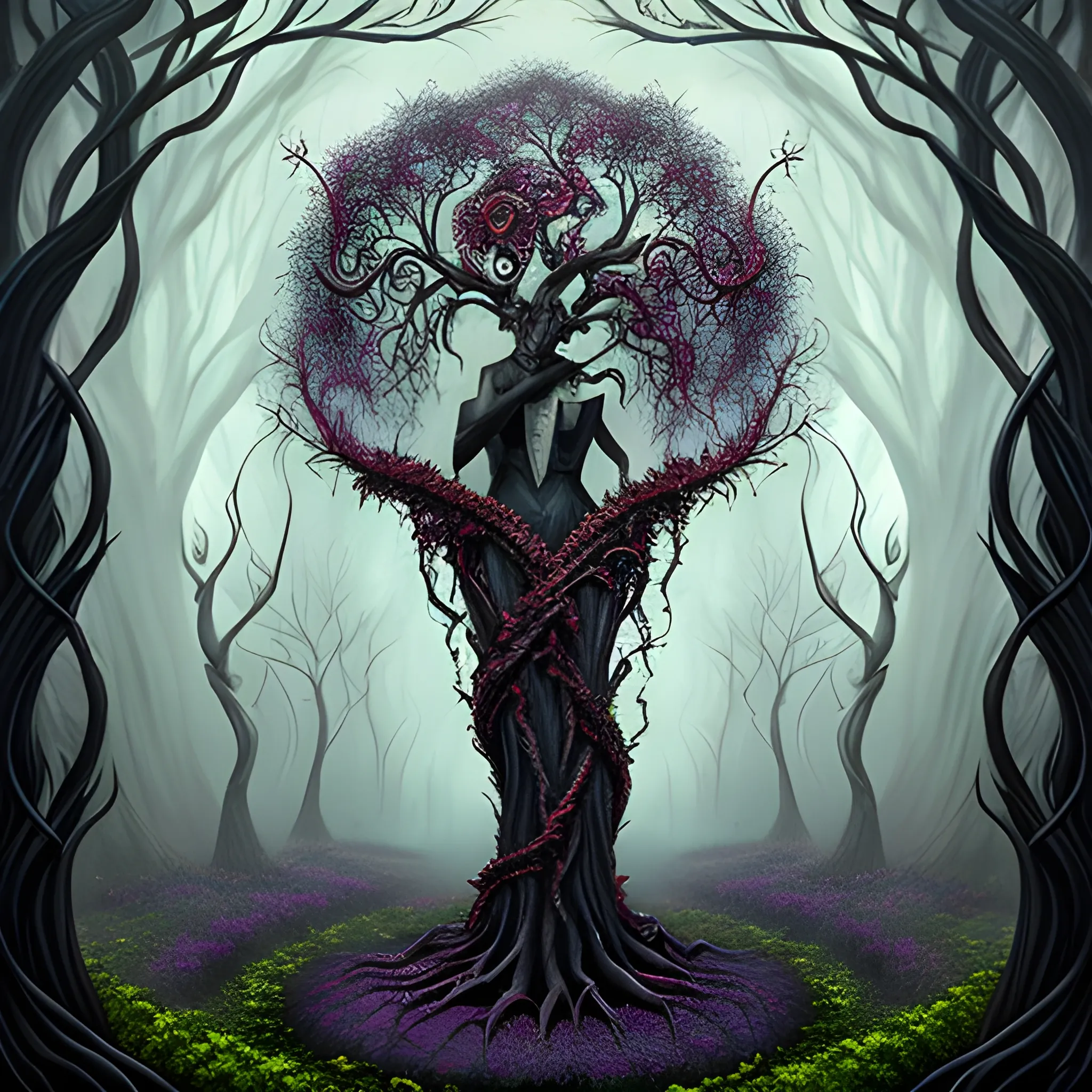 , 3D /imagine prompt: handsome Gothic boy in tank top dark fantasy Oil painting lovecraftian horror overrun with Gothic botanical abominations, twisted trees rise, entwined with black vines, sinister flowers Oil painting

