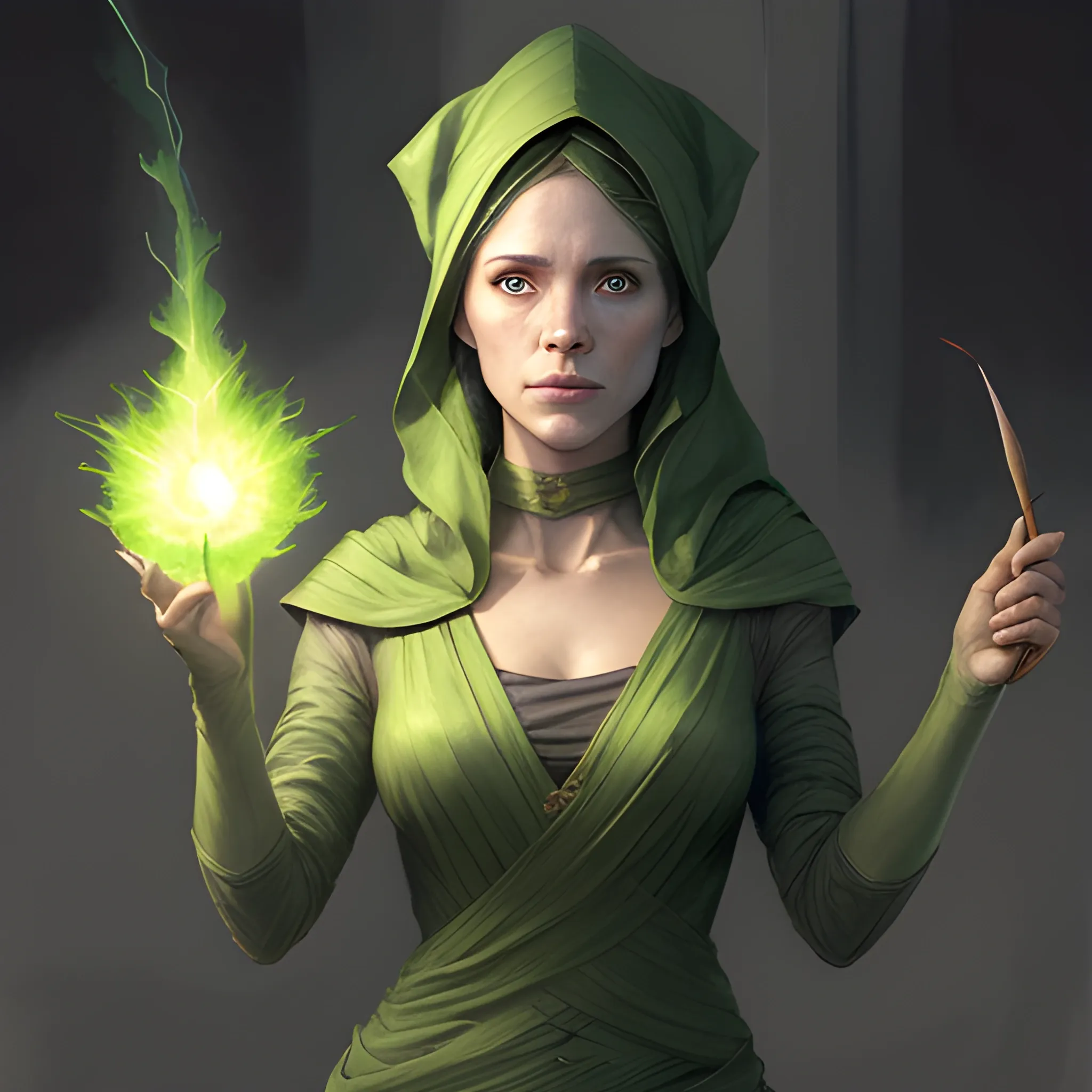 a female wizard casting a green fireball | | pencil sketch, realistic shaded, fine details, realistic shaded lighting poster by greg rutkowski, magali villeneuve, artgerm, jeremy lipkin and michael garmash , wearing a head covering to hide the hair and neck , image must a full body potrait with tight skinny clothing 
