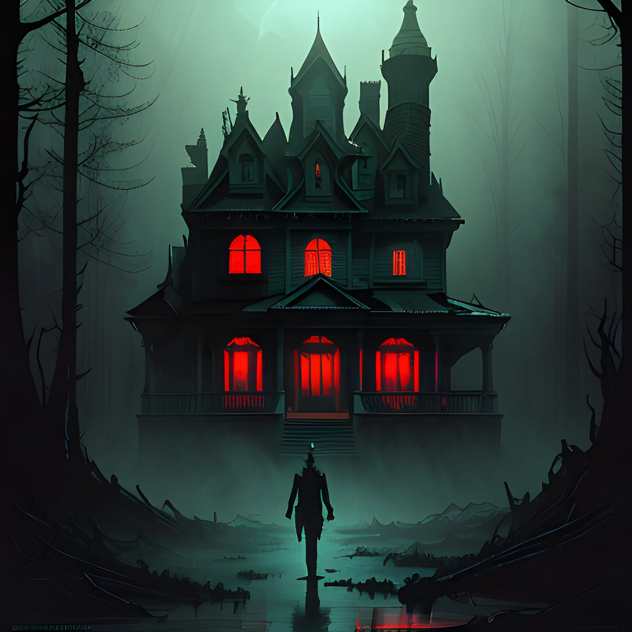 Epic horror, horror, evil, hyper-detailed 4k realistic, atmospheric lighting, by Albert Bierstadt and Tomer Hanuka