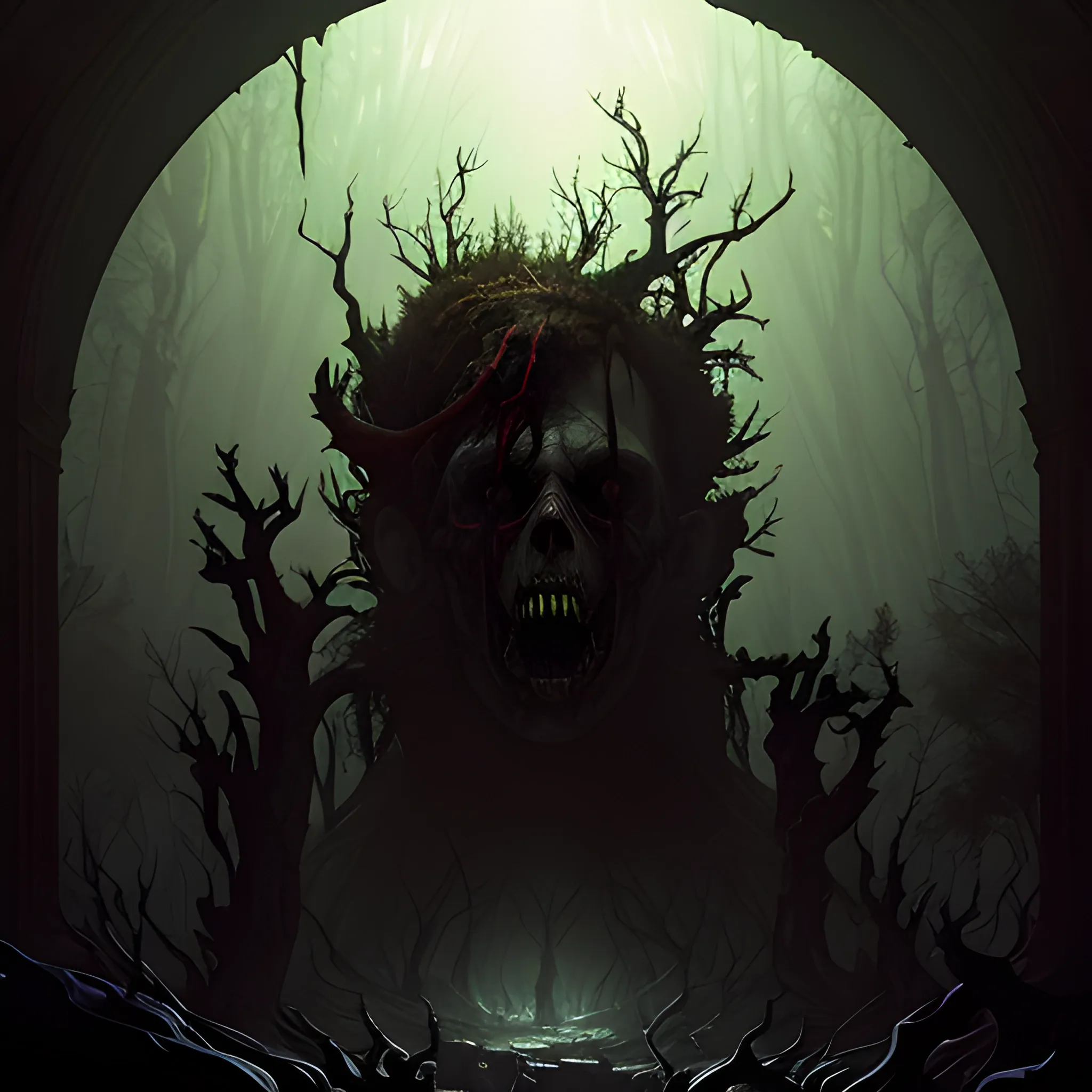 Epic horror, horror, evil, hyper-detailed 4k realistic, atmospheric lighting, by Albert Bierstadt and Tomer Hanuka, 3D