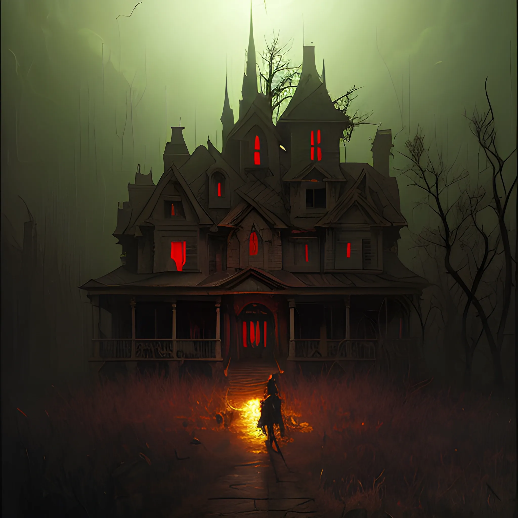 Epic horror, horror, evil, hyper-detailed 4k realistic, atmospheric lighting, by Albert Bierstadt and Tomer Hanuka, Oil Painting