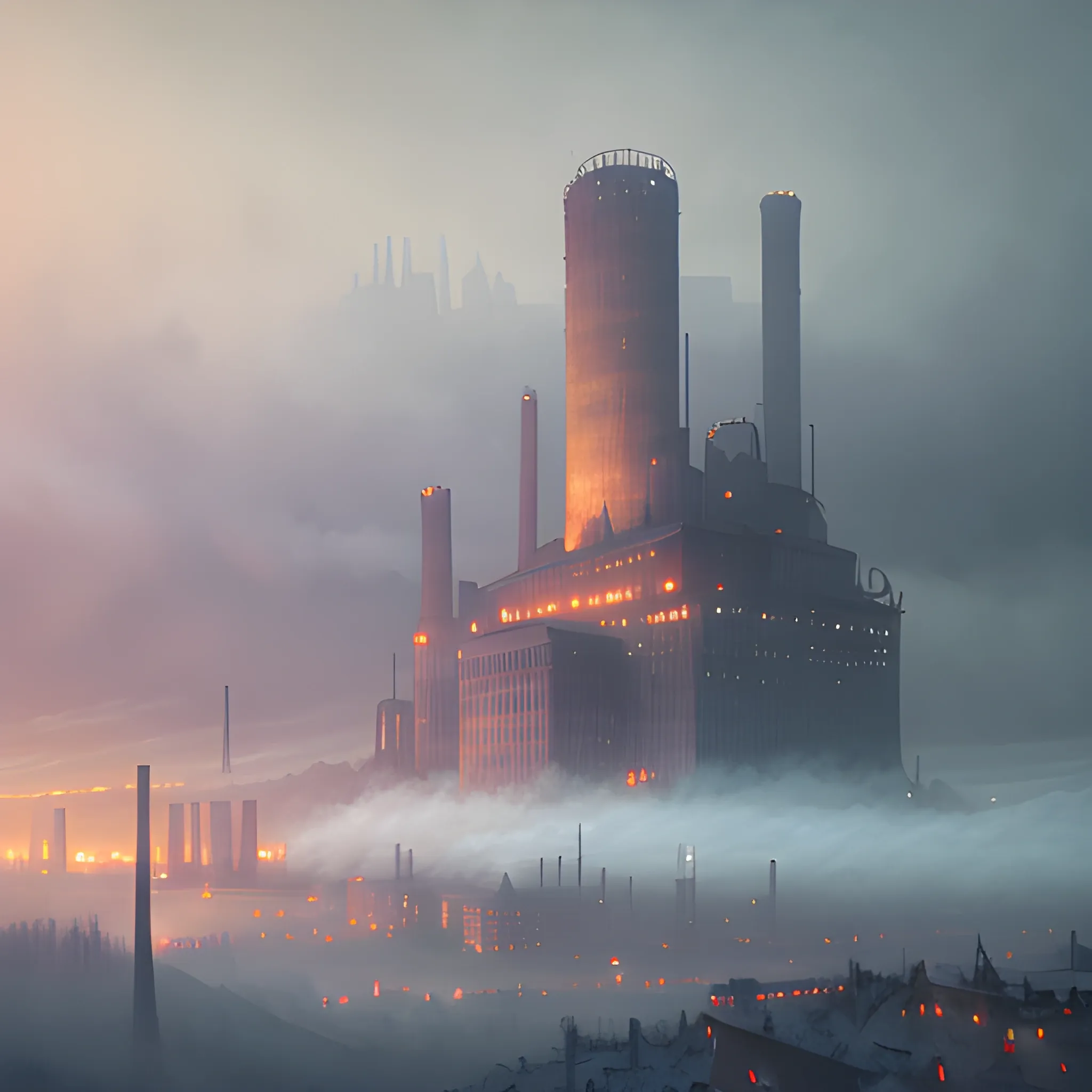 Misty valley, fantasy capital city, huge factories, factories, industrial fires, harsh winter, snow, soggy skies, by caspar david friedrich by james gilleard and justin gerard, centered, artstation, smooth, 3D