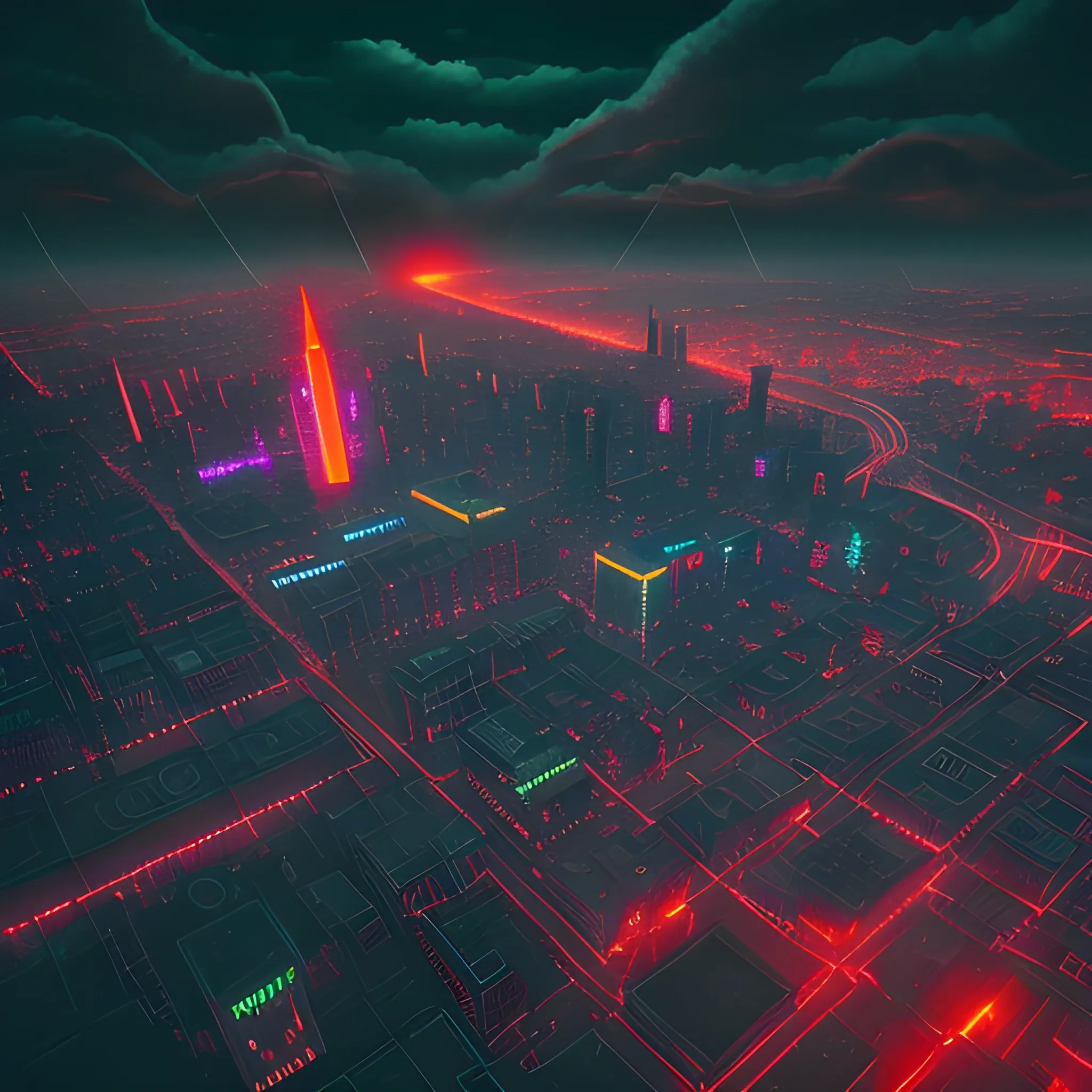 Dark city seen from above, with red neon sign, tall spires, trees, dimly lit light night, at night with a meteor shower, misty, volumetric lighting, fog, hyper detailed, 8k, Trippy