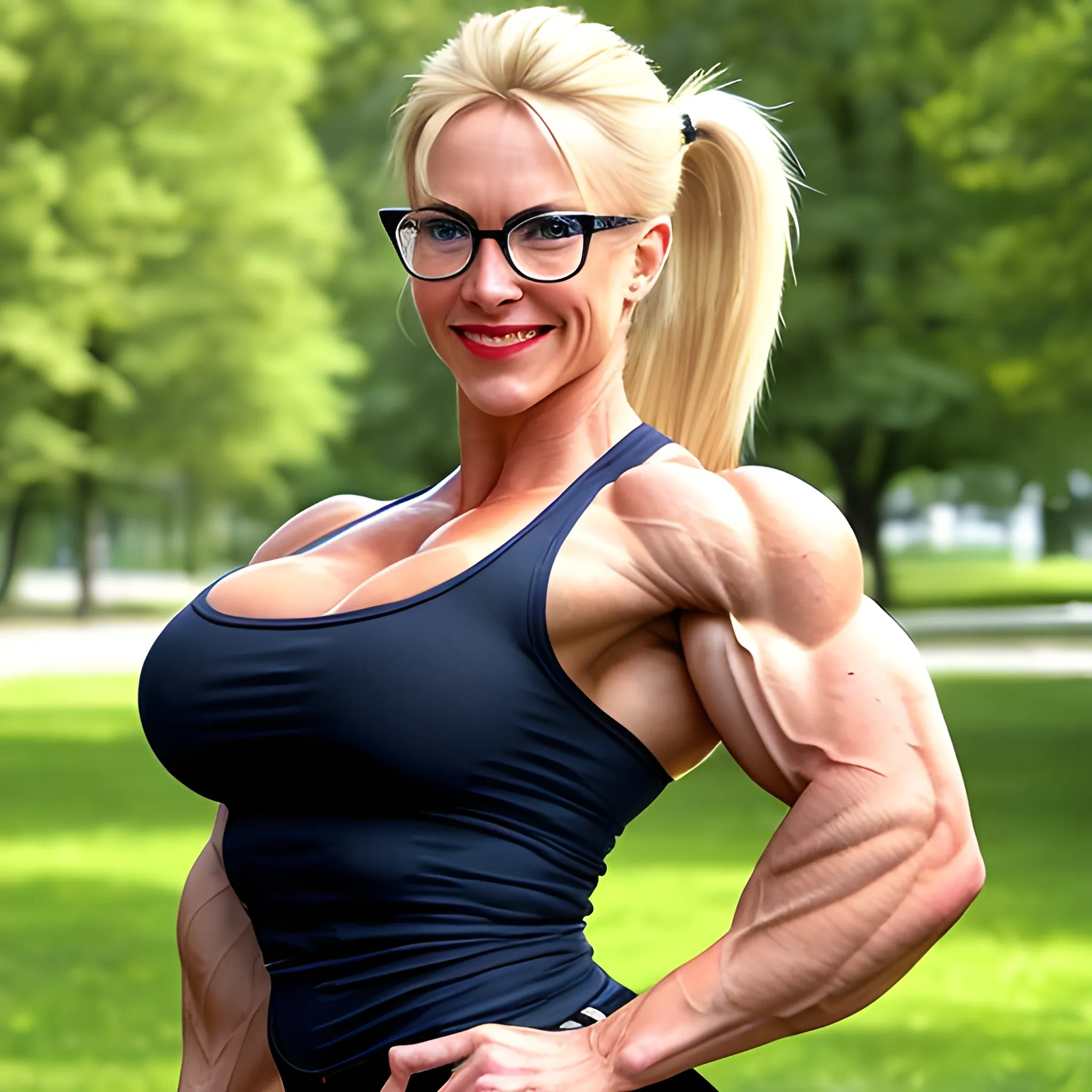 a triumphant beautiful Swedish woman, extremely muscular professional female bodybuilder, with blonde ponytail, wearing white button down oxford shirt, and with extremely narrow hips and extremely narrow waist, with tight muscular buttocks, with wide-set eyes, with expressive blue eyes wearing black rimmed eyeglasses, with full red lips, smiling suggestively, with massive biceps peaks, perfect in every way, walking in park, low angle view