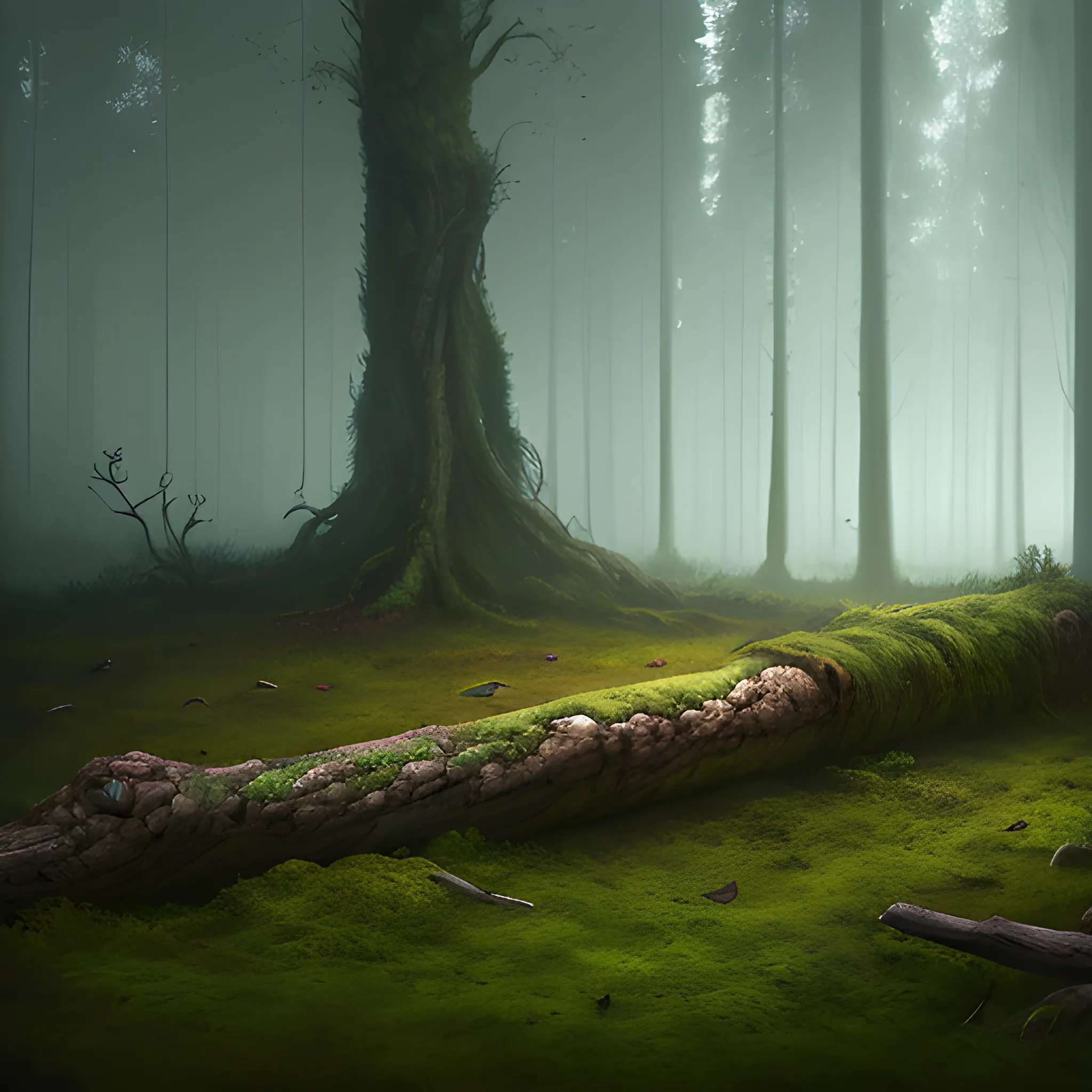 dark concept arte fantasy realistic wood, sorrounded by trees of green and brown, blue cinematic lighting, digital painting, arcane style, volumetric lighting in the middle of the forest, forest background, fallen trunk in the foreground on the left side with moss on top
