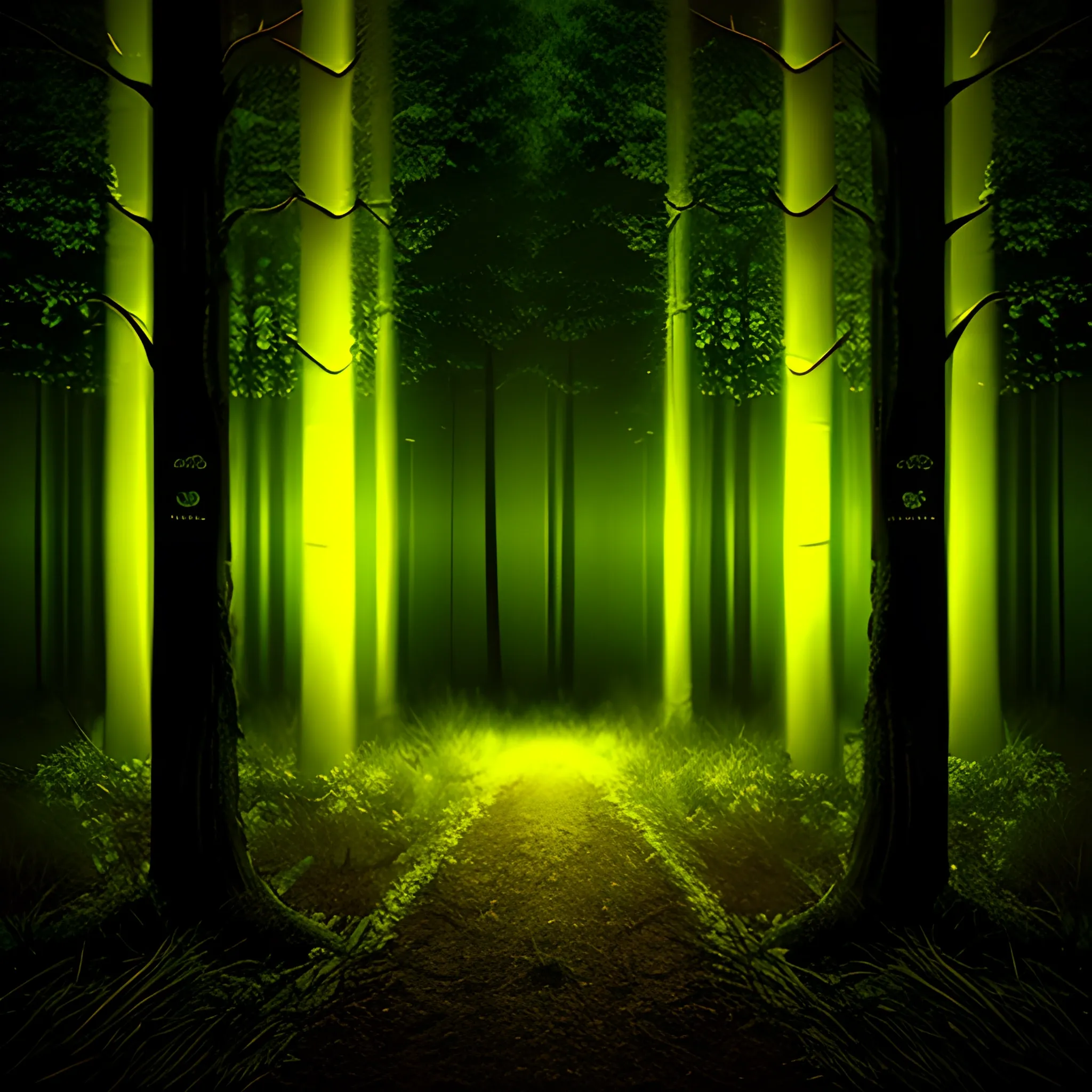 dark expressionism art fantasy realistic wood at night, yellow and green cinematic lighting in middle of forest