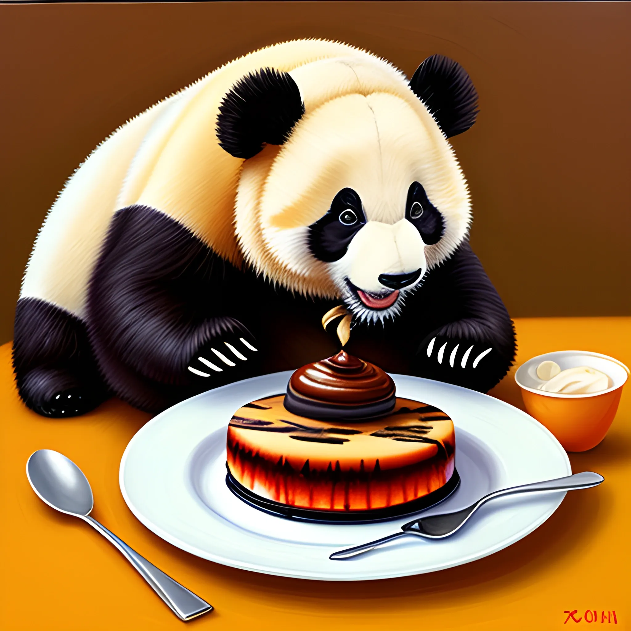 warrior panda eat dessert, Oil Painting