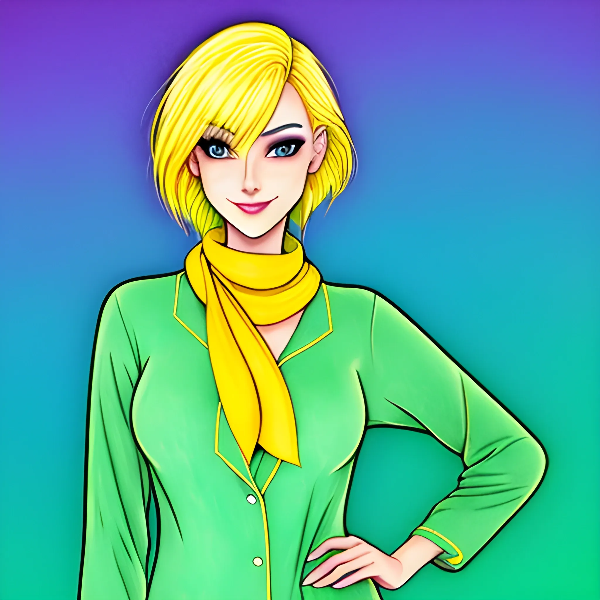 draw a kid has to have green pajamas, a yellow scarf and blonde hair campaign of a fox (rgb, dinamics ligth, hd, color vibrance), Cartoon, Water Color