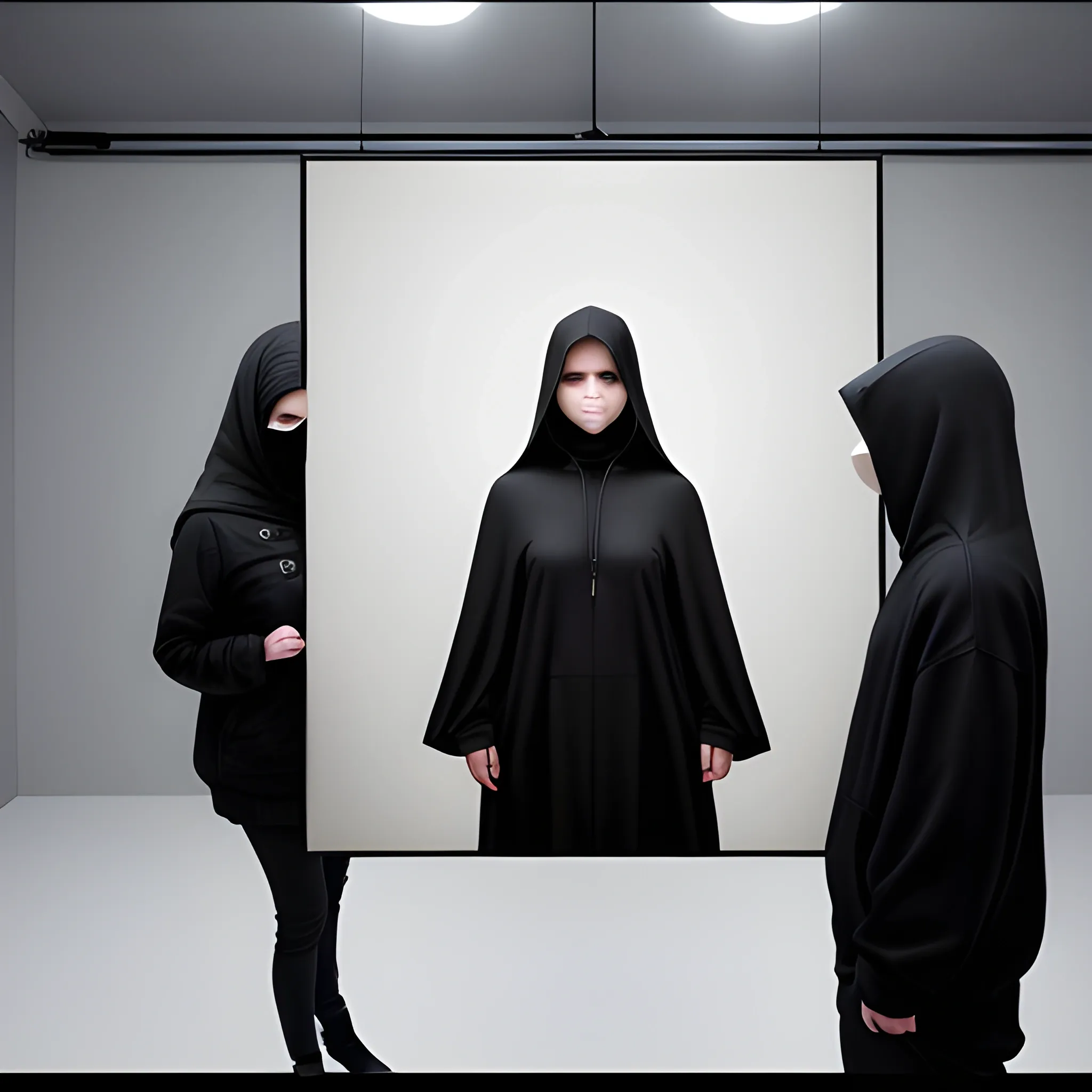 Hyperrealistic photo in a photo studio of 3 people dressed in black and with hoods. Only the person in the center can see her face, the other two people have no face.