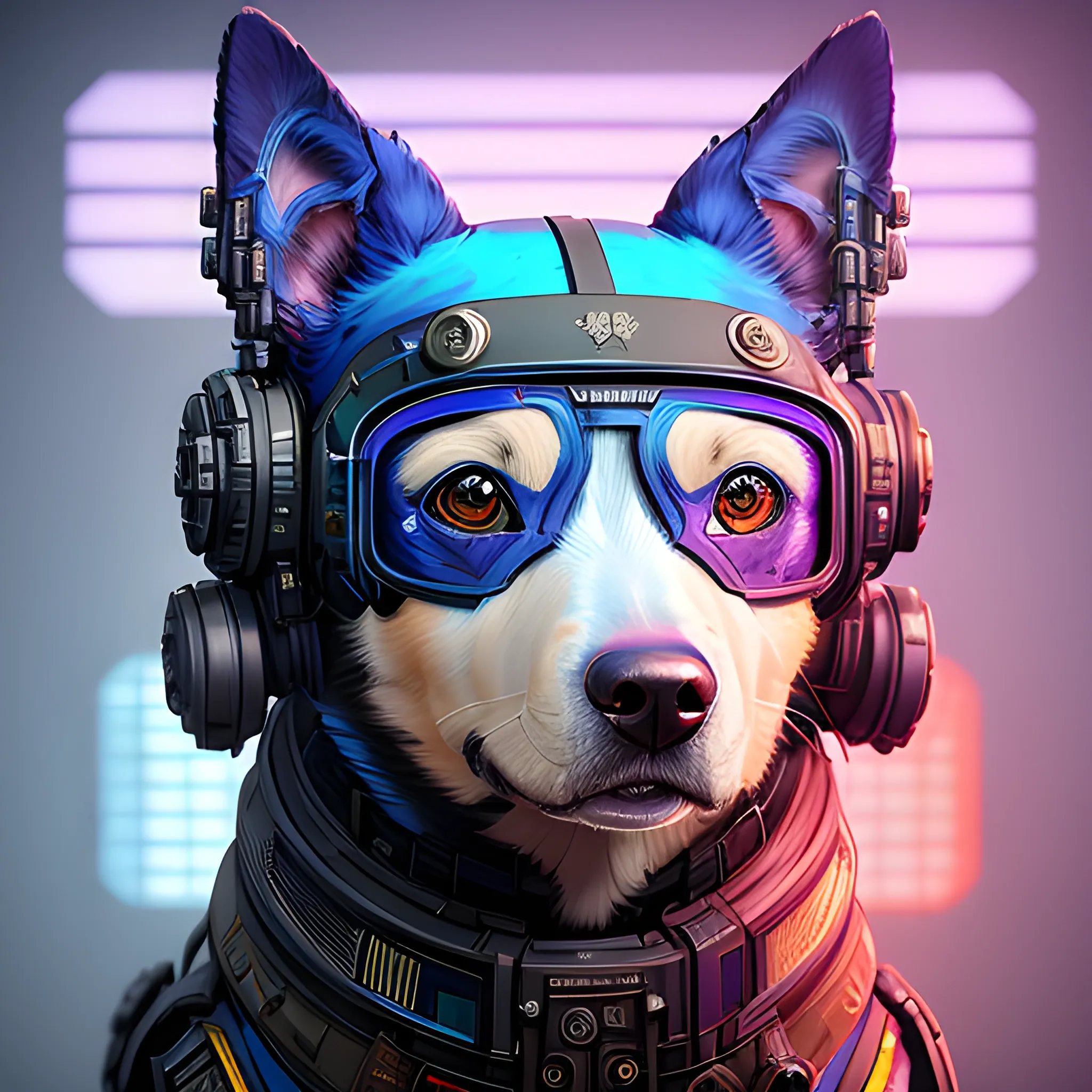 a beautiful portrait of a cute cyberpunk dog by sandra chevrier and greg rutkowski and wlop, purple blue color scheme, high key lighting, volumetric light, digital art, highly detailed, fine detail, intricate, ornate, complex, octane render, unreal engine, photorealistic 