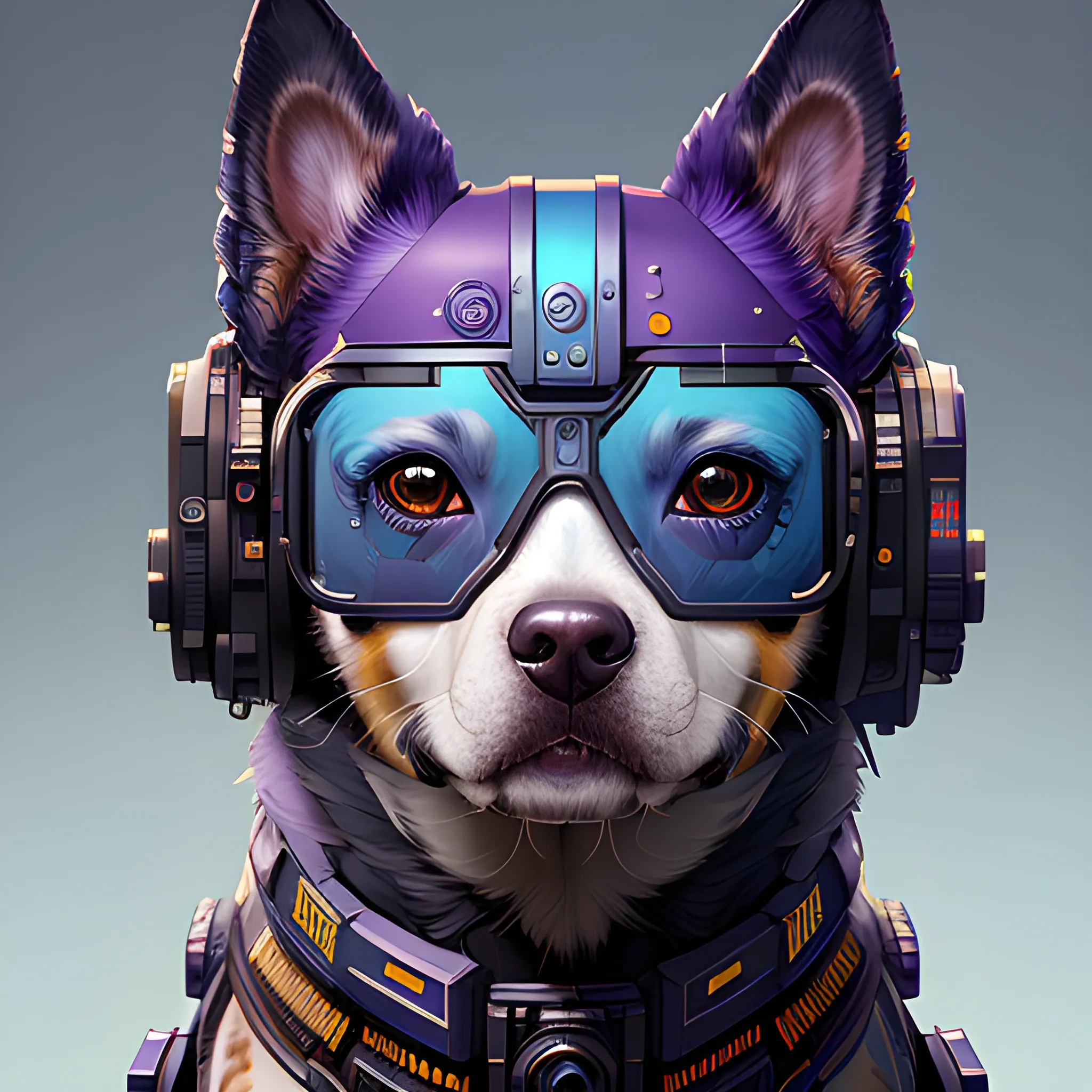 a beautiful portrait of a cute cyberpunk dog by sandra chevrier and greg rutkowski and wlop, purple blue color scheme, high key lighting, volumetric light, digital art, highly detailed, fine detail, intricate, ornate, complex, octane render, unreal engine, photorealistic wing 