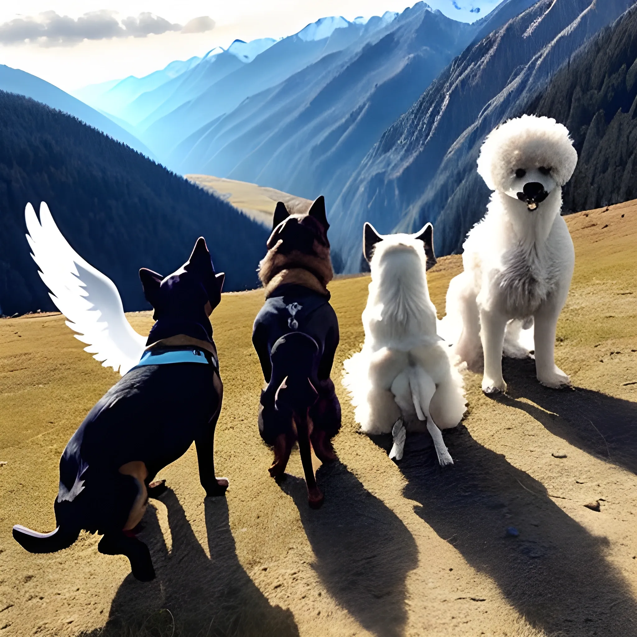 A group of dogs with angel's wings were flying in the mountains