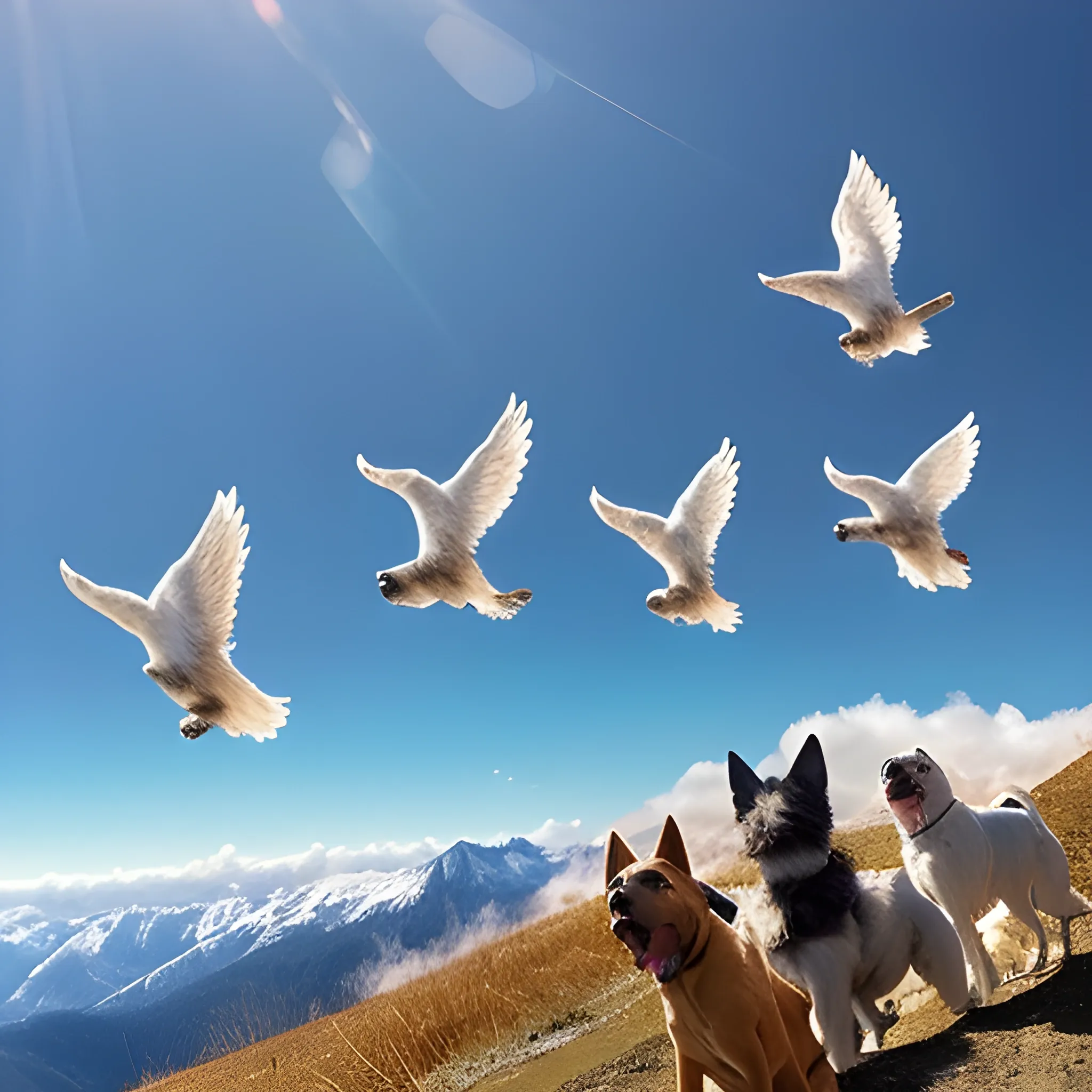 A group of dogs with angel's wings were flying in the mountains