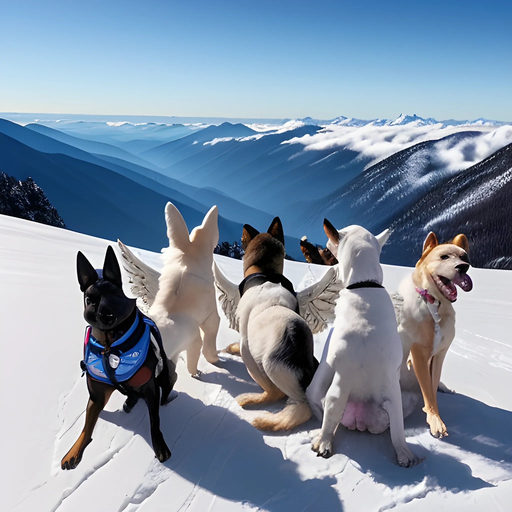 A group of dogs with angel's wings were flying in the mountains